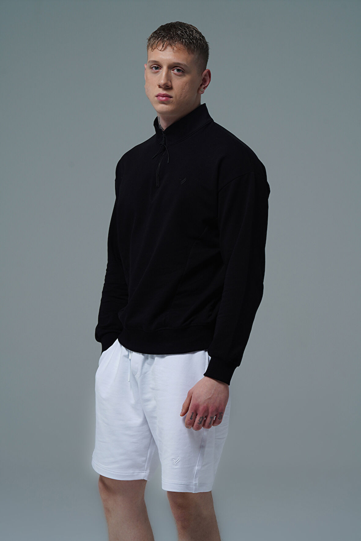 George Phoenix Daily Core - Siyah Yarım Fermuarlı Pamuklu Erkek Oversize Sweatshirt