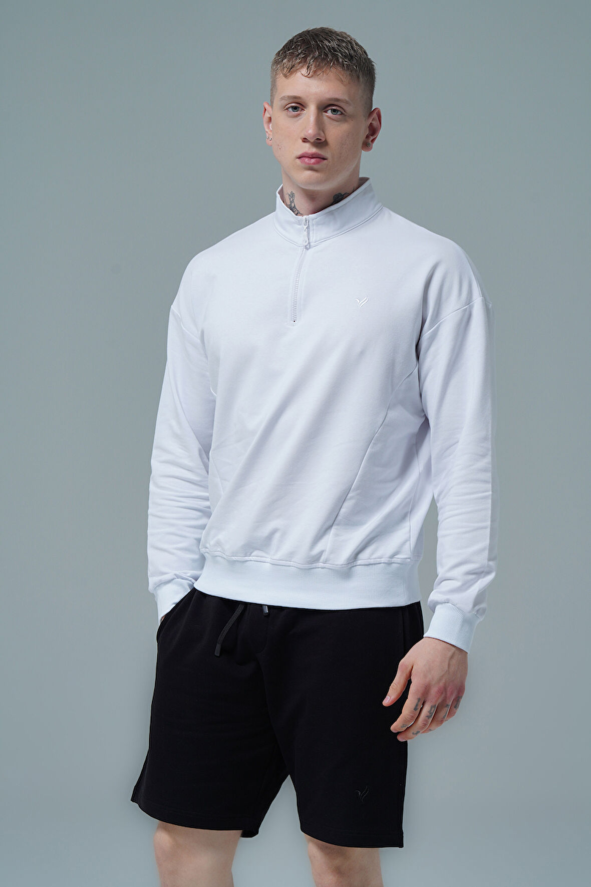 George Phoenix Daily Core - Beyaz Yarım Fermuarlı Pamuklu Erkek Oversize Sweatshirt