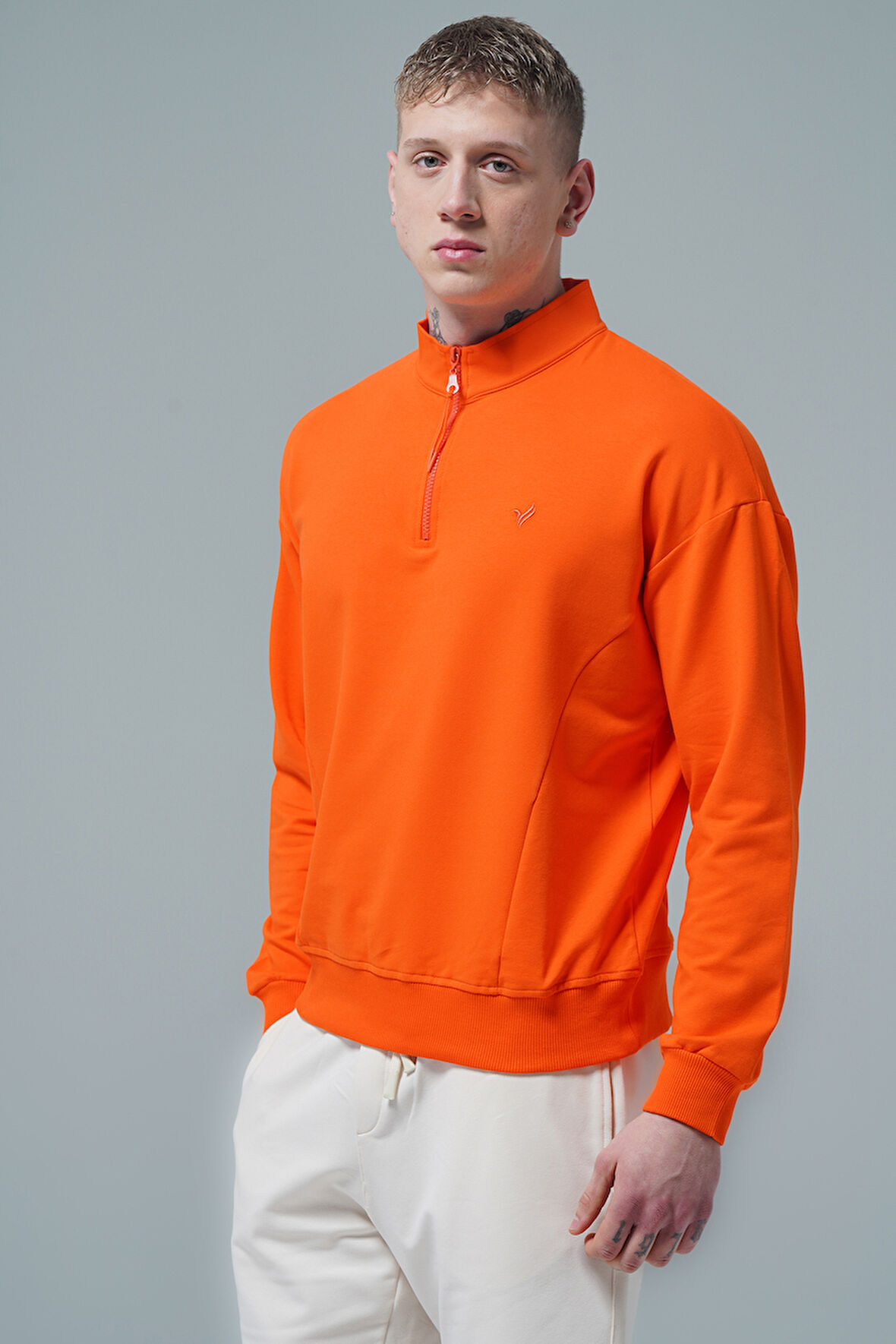 George Phoenix Daily Core - Turuncu Yarım Fermuarlı Pamuklu Erkek Oversize Sweatshirt