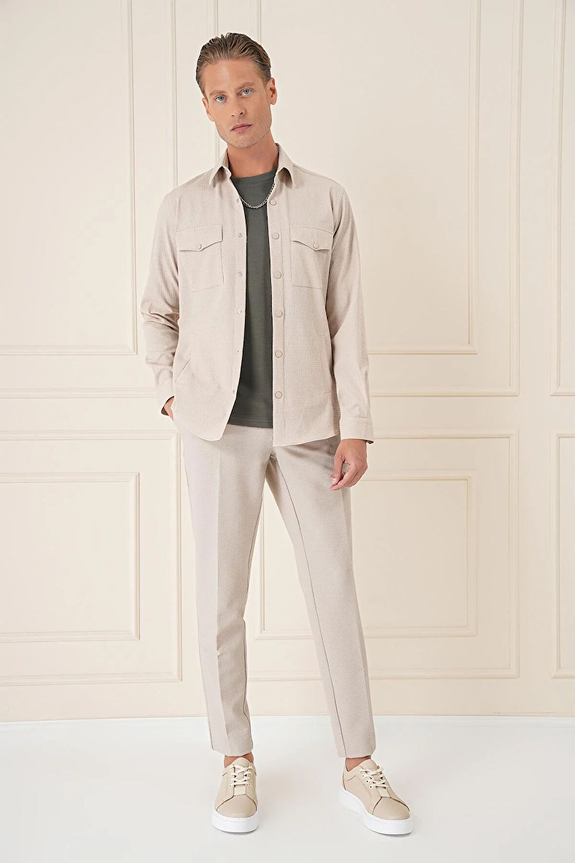 G 1565 Comfort Fit Yan Cep Çıtçıtlı Esnek Pamuk Koyu Bej Gömlek Ceket