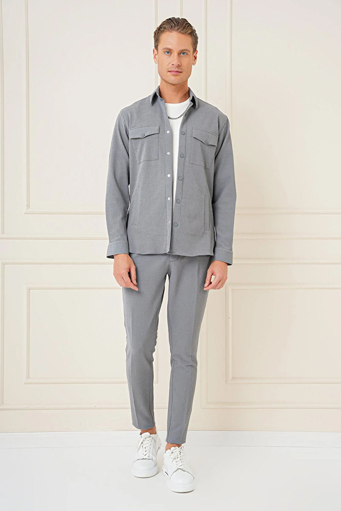G 1565 Comfort Fit Yan Cep Çıtçıtlı Esnek Pamuk Gri Gömlek Ceket