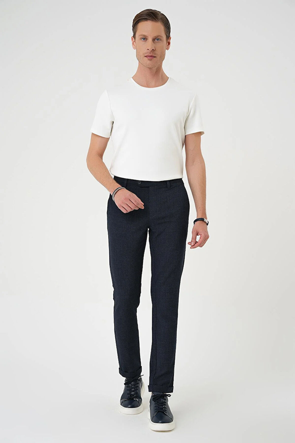 Comfort Fit Beli Lastikli Pötikareli Casual Lacivert 2 Pantolon P 1149