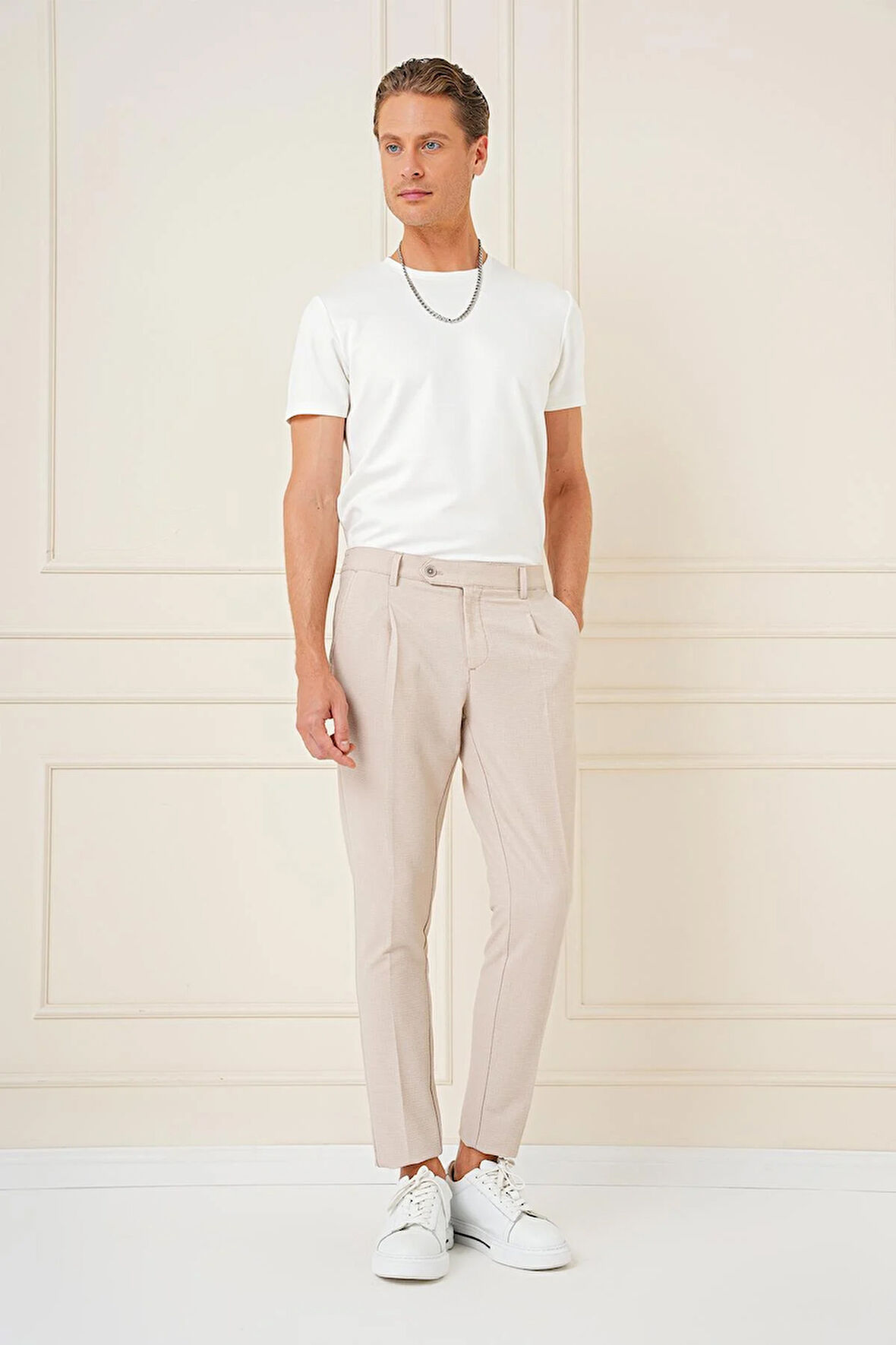 P 1148 Comfort Fit Gofre Kumaş Pileli Pamuk Casuel Koyu Bej Pantolon