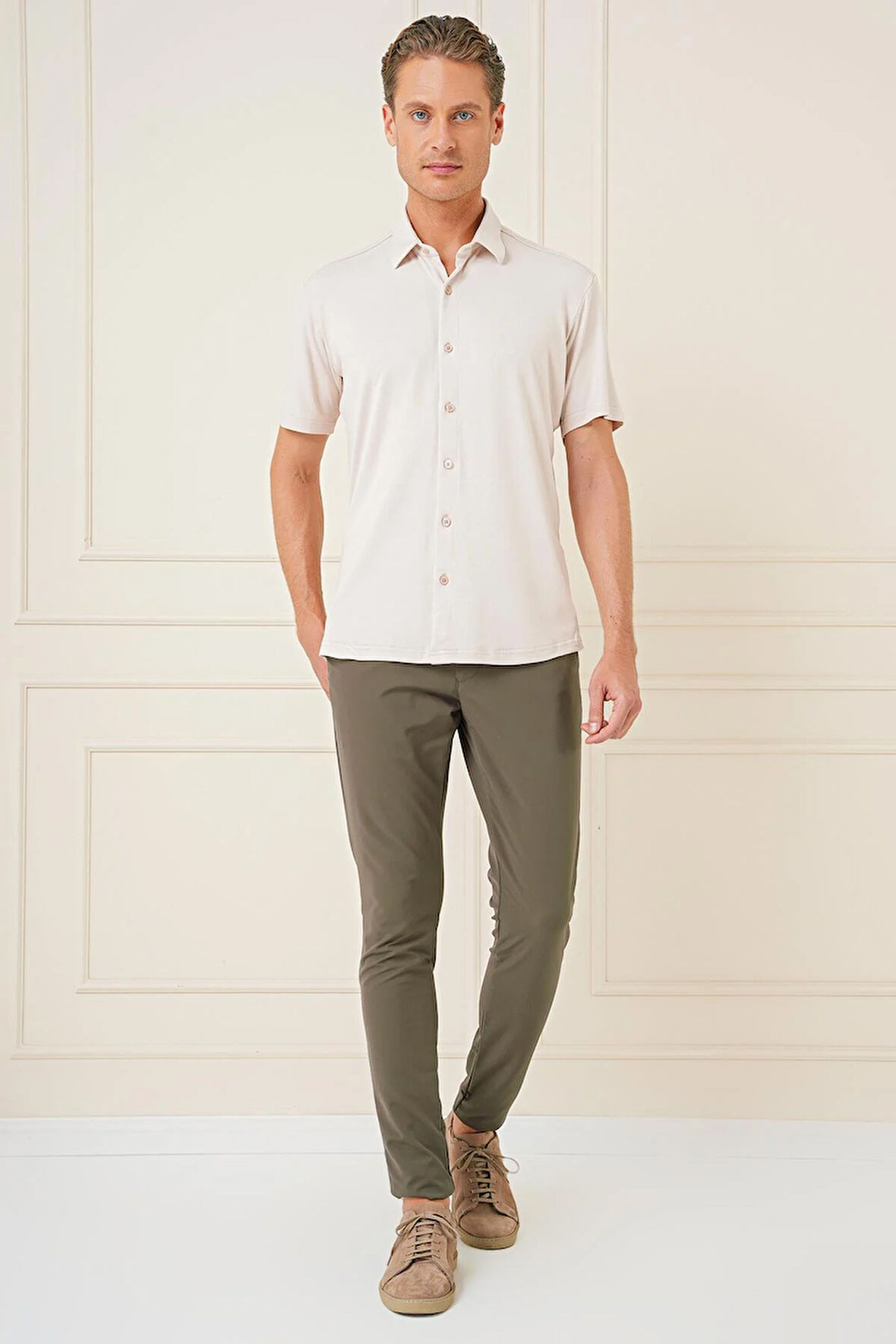 P 1144 Slim Fit Yan Cepli Düz Esnek Casuel Haki Pantolon