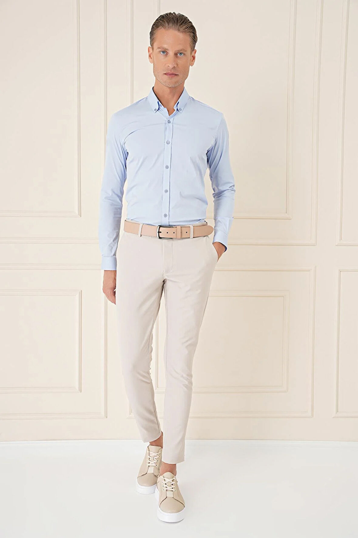 P 1144 Slim Fit Yan Cepli Düz Esnek Casuel Kum Pantolon