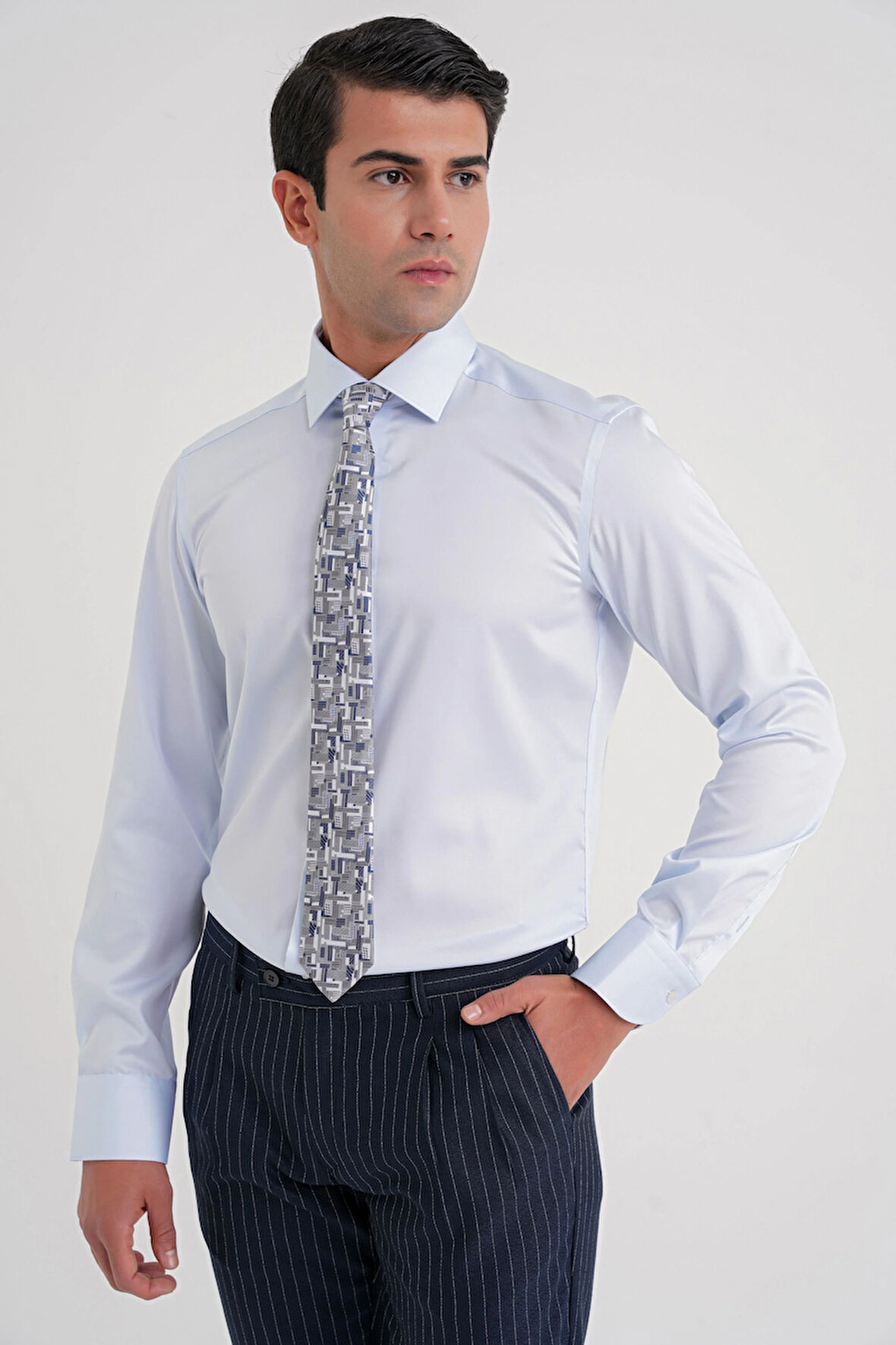 Slim Fit %100 Pamuk Non Iron Kumaş Klasik Mavi Gömlek Gk 734