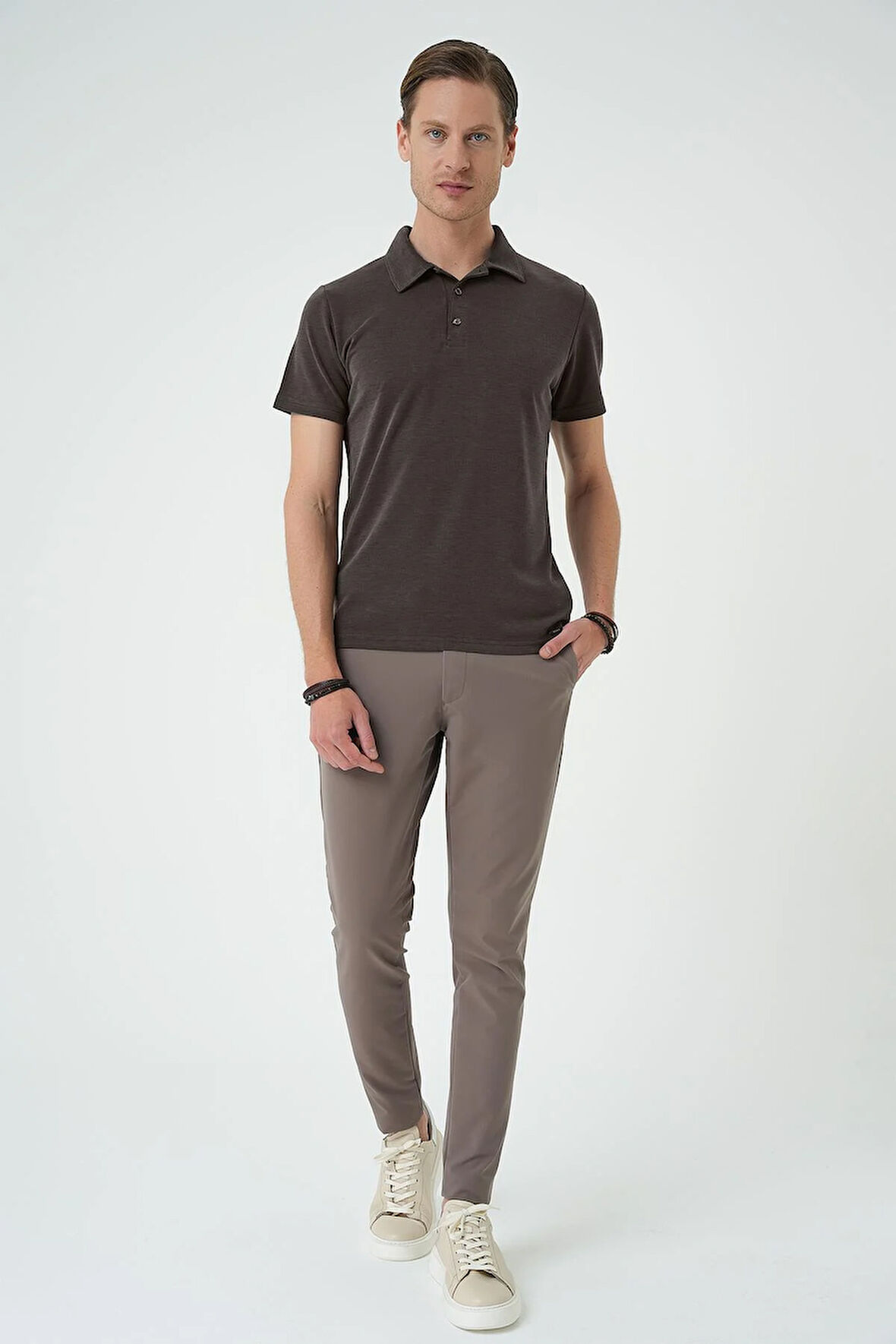 Ts 879 Slim Fit Düğmeli Polo Yaka Pamuklu Koyu Vizon Tişört