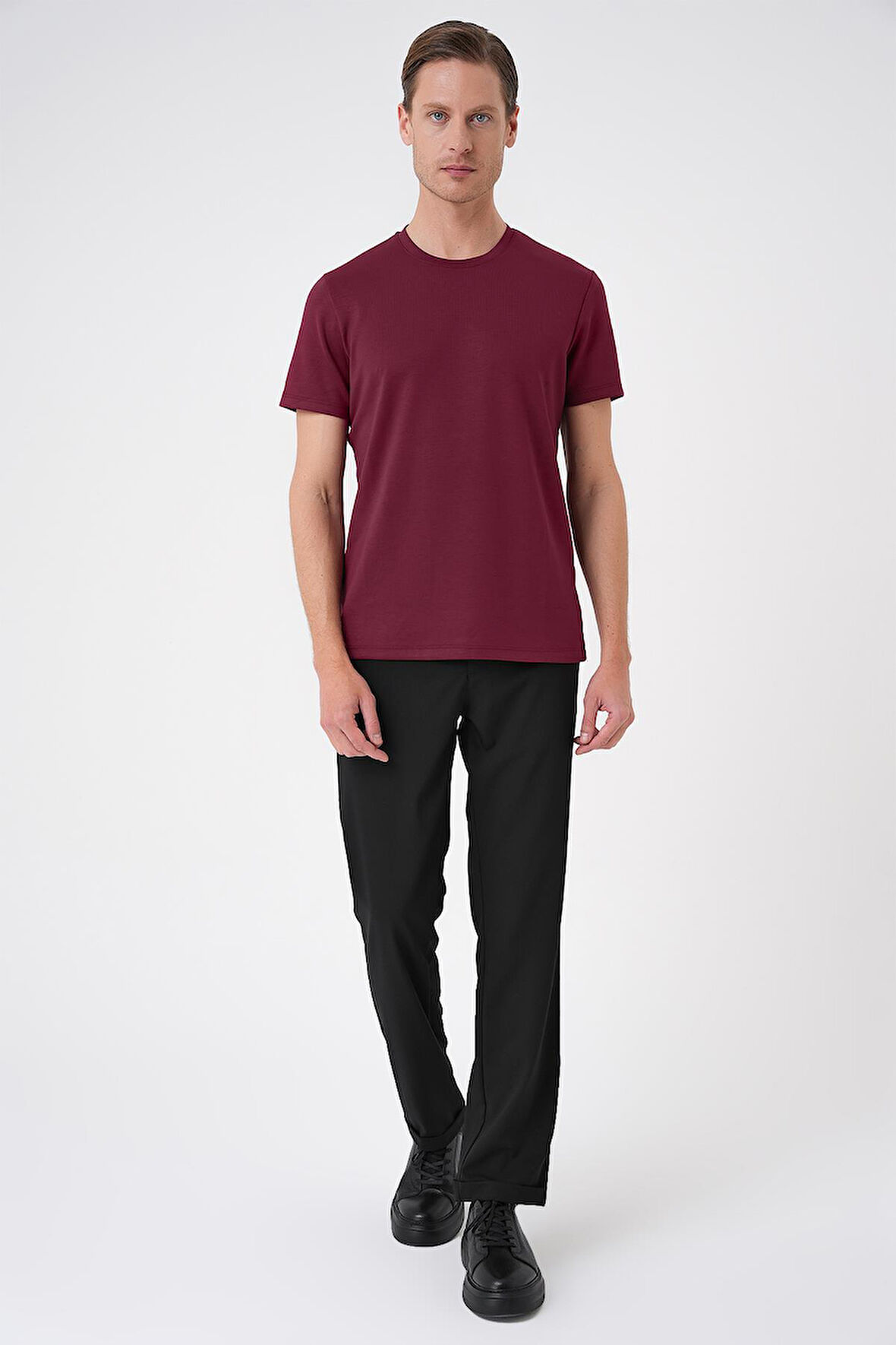 Ts 885 Comfort Fit Bisiklet Yaka Esnek Pamuk Casuel Bordo Tişört