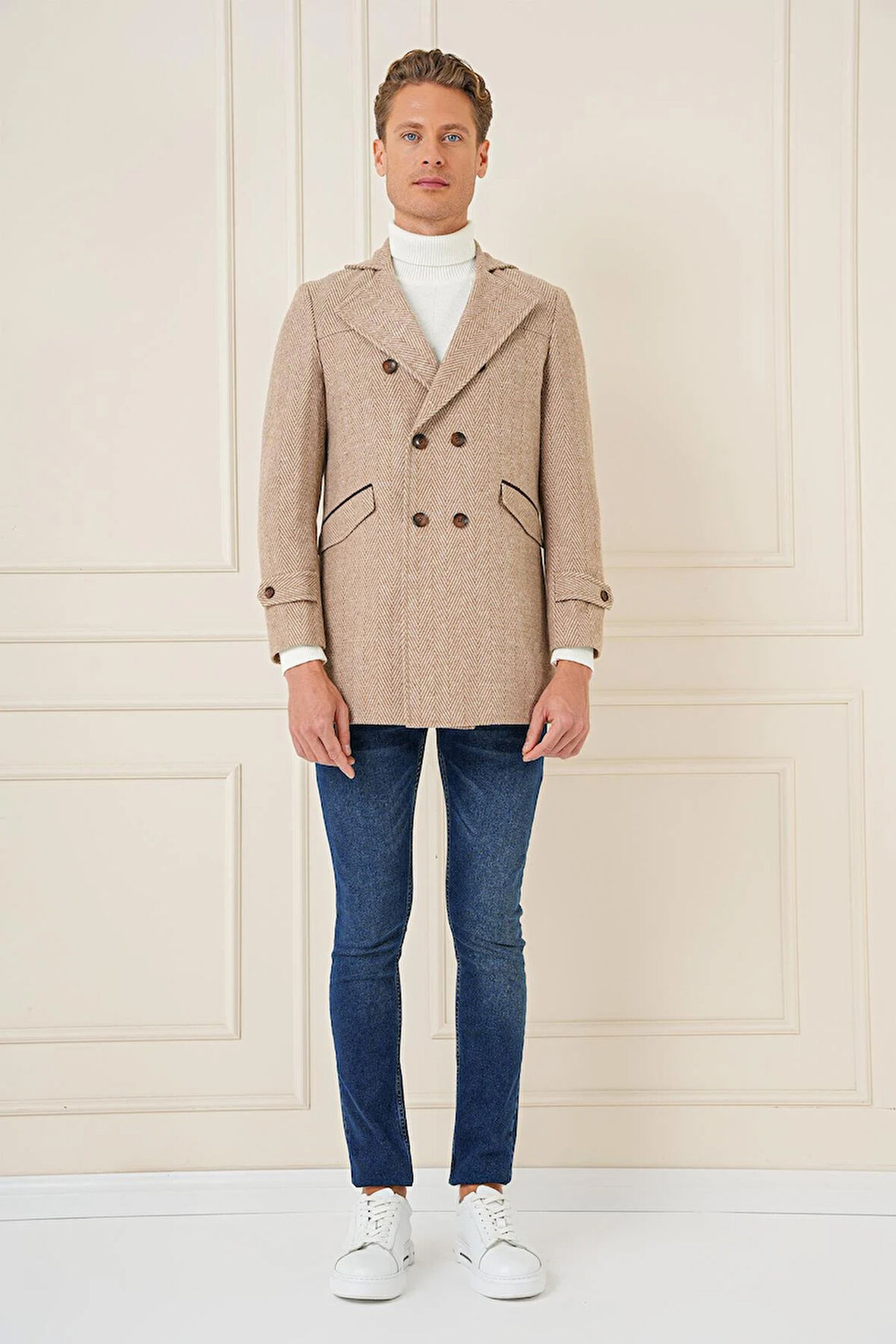 KA 082 Slim Fit Açık Bej Spor Kaban