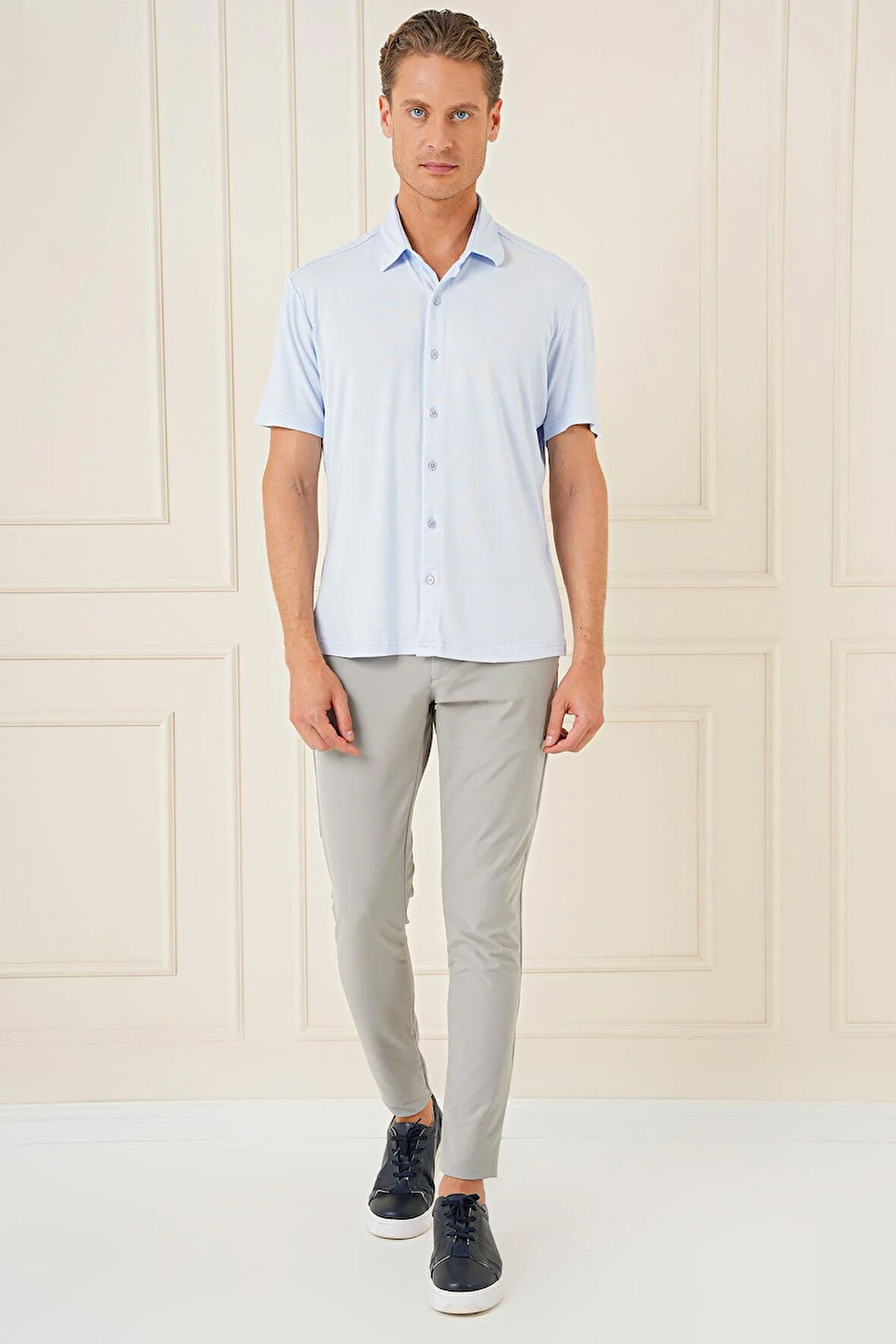 G 1573 Comfort Fit Spor Yaka Kısa Kol Esnek Pamuk Mavi Gömlek