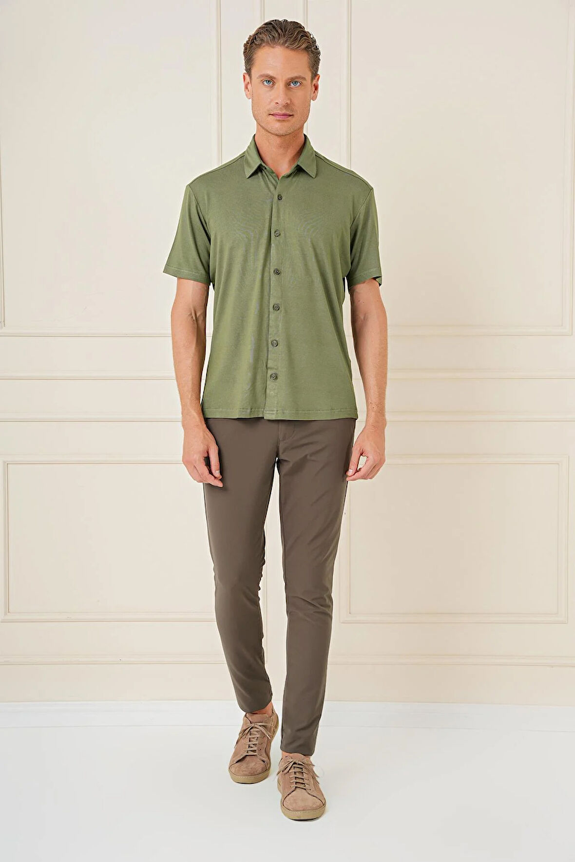 G 1573 Comfort Fit Spor Yaka Kısa Kol Esnek Pamuk Haki Gömlek