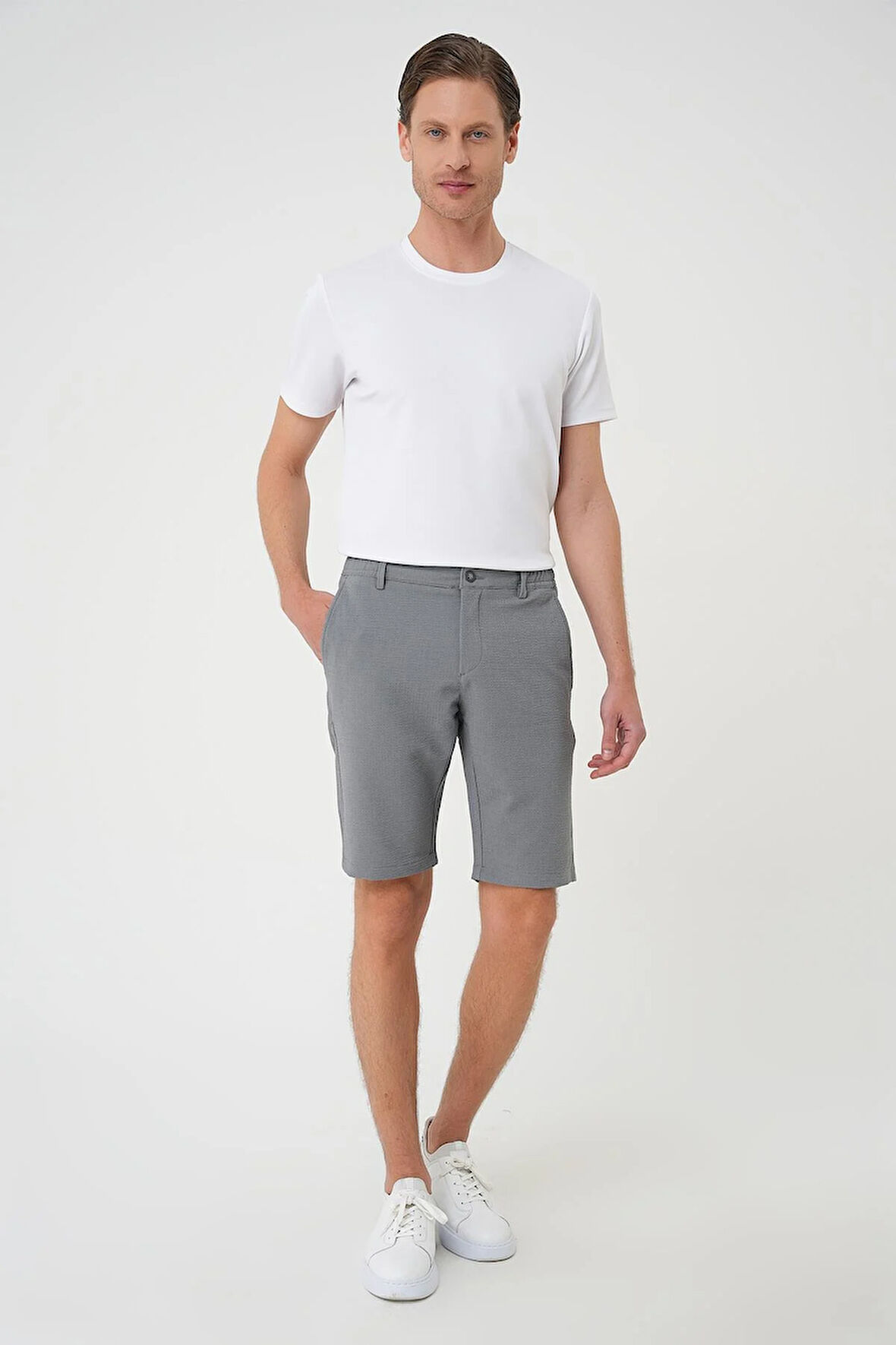 Bermuda 034 Slim Fit Beli Lastikli Gofre Pamuklu Casuel Gri Şort