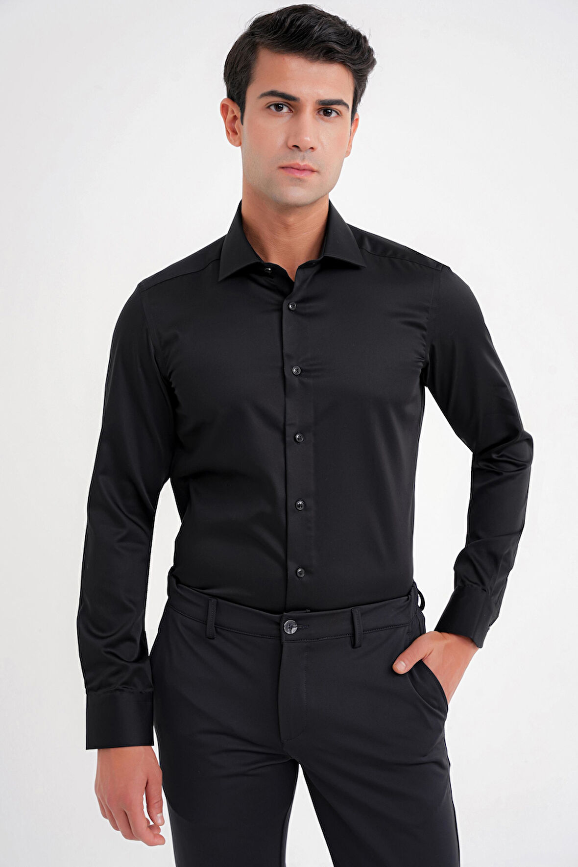 Slim Fit %100 Pamuk Non Iron Kumaş Klasik Siyah Gömlek Gk 734
