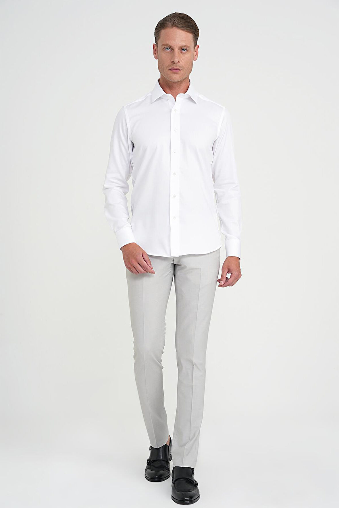 Slim Fit %100 Pamuk Non Iron Kumaş Dokulu Klasik Beyaz Gömlek Gk 744