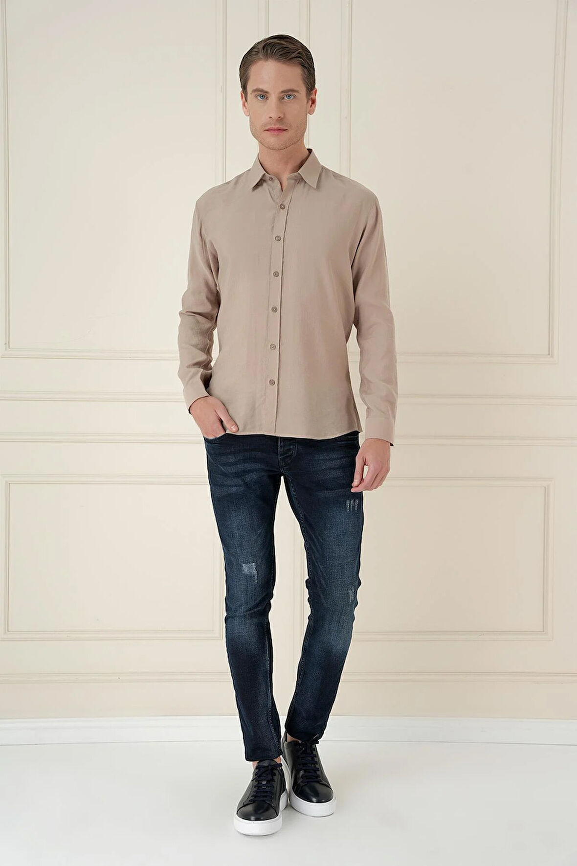 Gk 743 Slim Fit %100 Modal Uzun Kol Klasik Bej Gömlek 