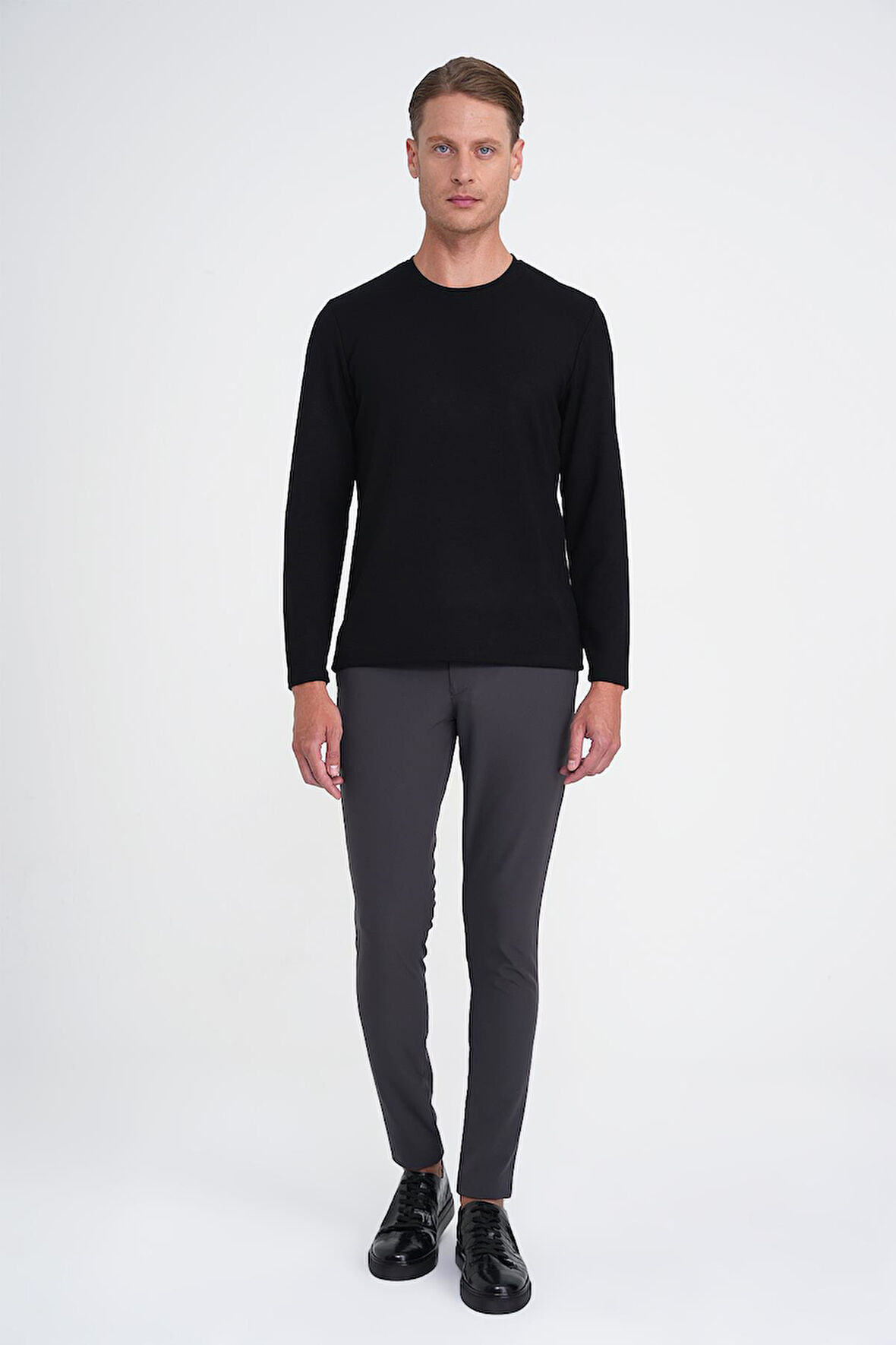 Ts 892 Comfort Fit Bisiklet Yaka Uzun Kol Casuel Siyah Tişört
