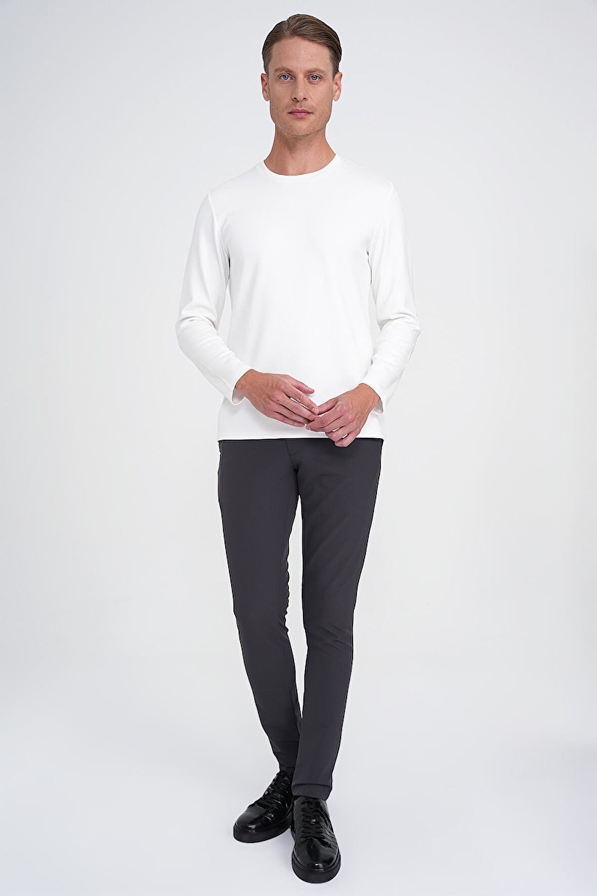 Ts 892 Comfort Fit Bisiklet Yaka Uzun Kol Casuel Ekru Tişört