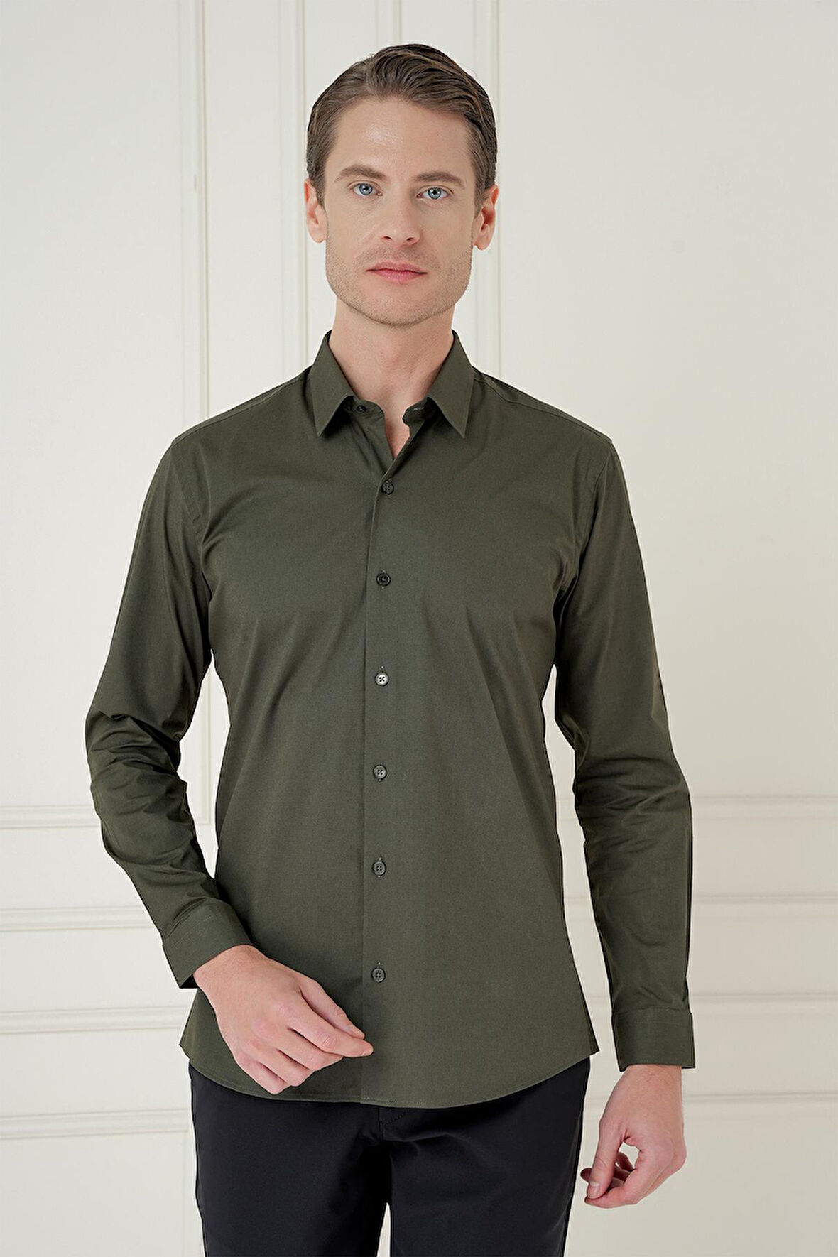 Gk 745 Slim Fit Pamuk Uzun Kol Klasik Haki Gömlek 