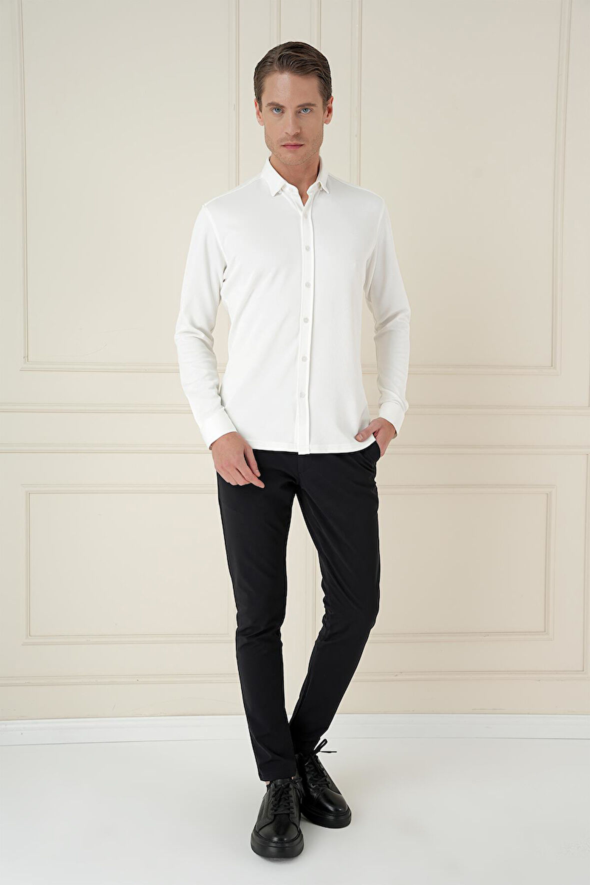 G 1583 Slim Fit Ekru Klasik Gömlek