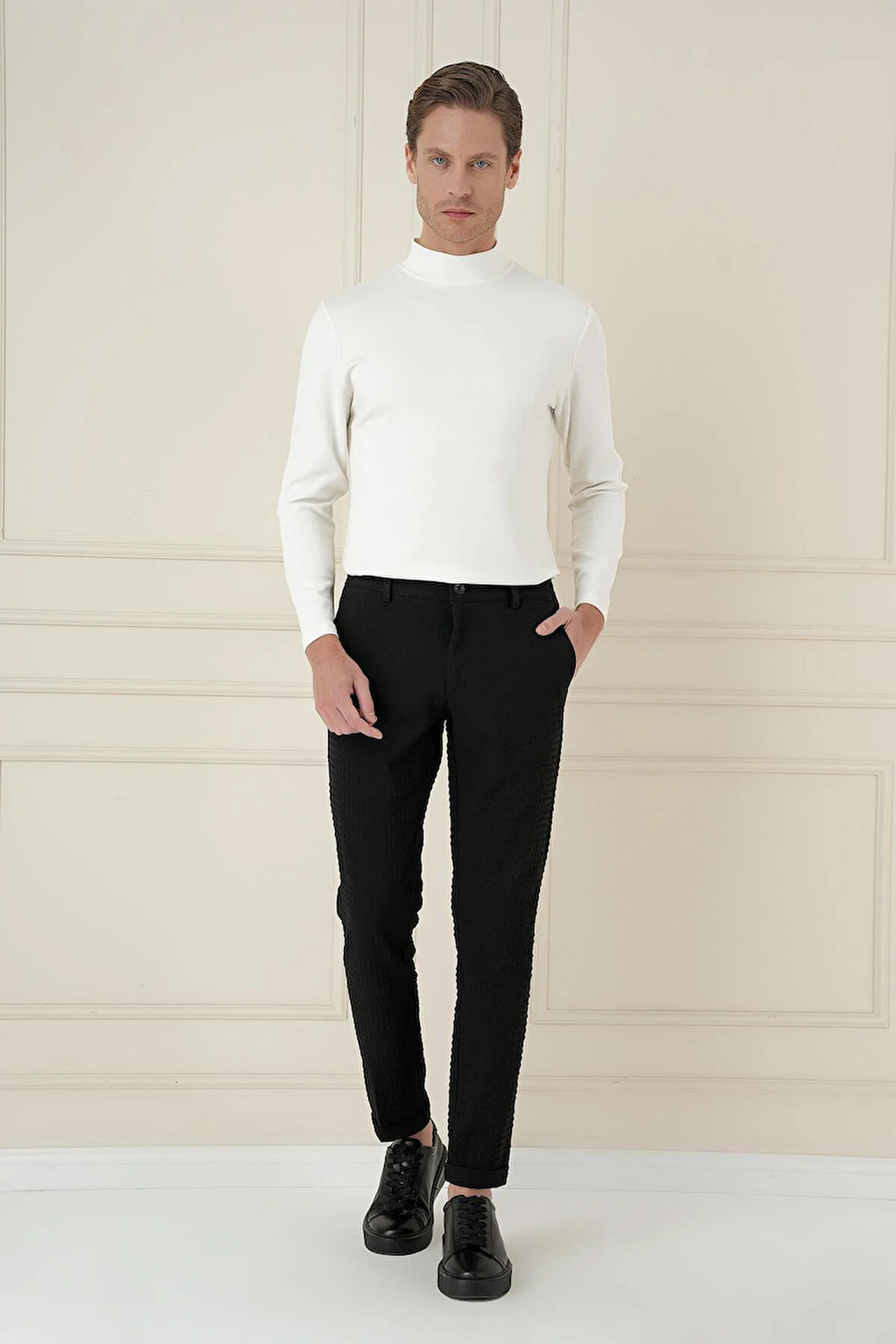 Slim Fit Waffle Kumaş Esnek Pamuk Siyah Pantolon P 1168