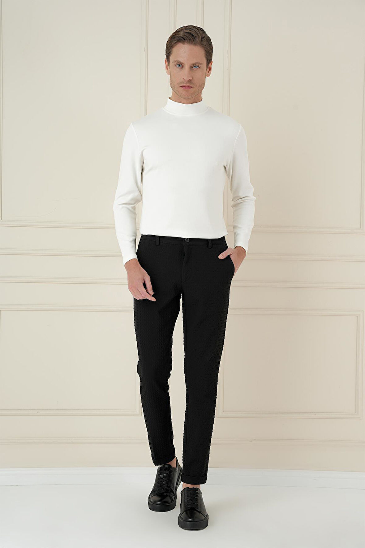 Slim Fit Waffle Kumaş Esnek Pamuk Siyah Pantolon P 1168