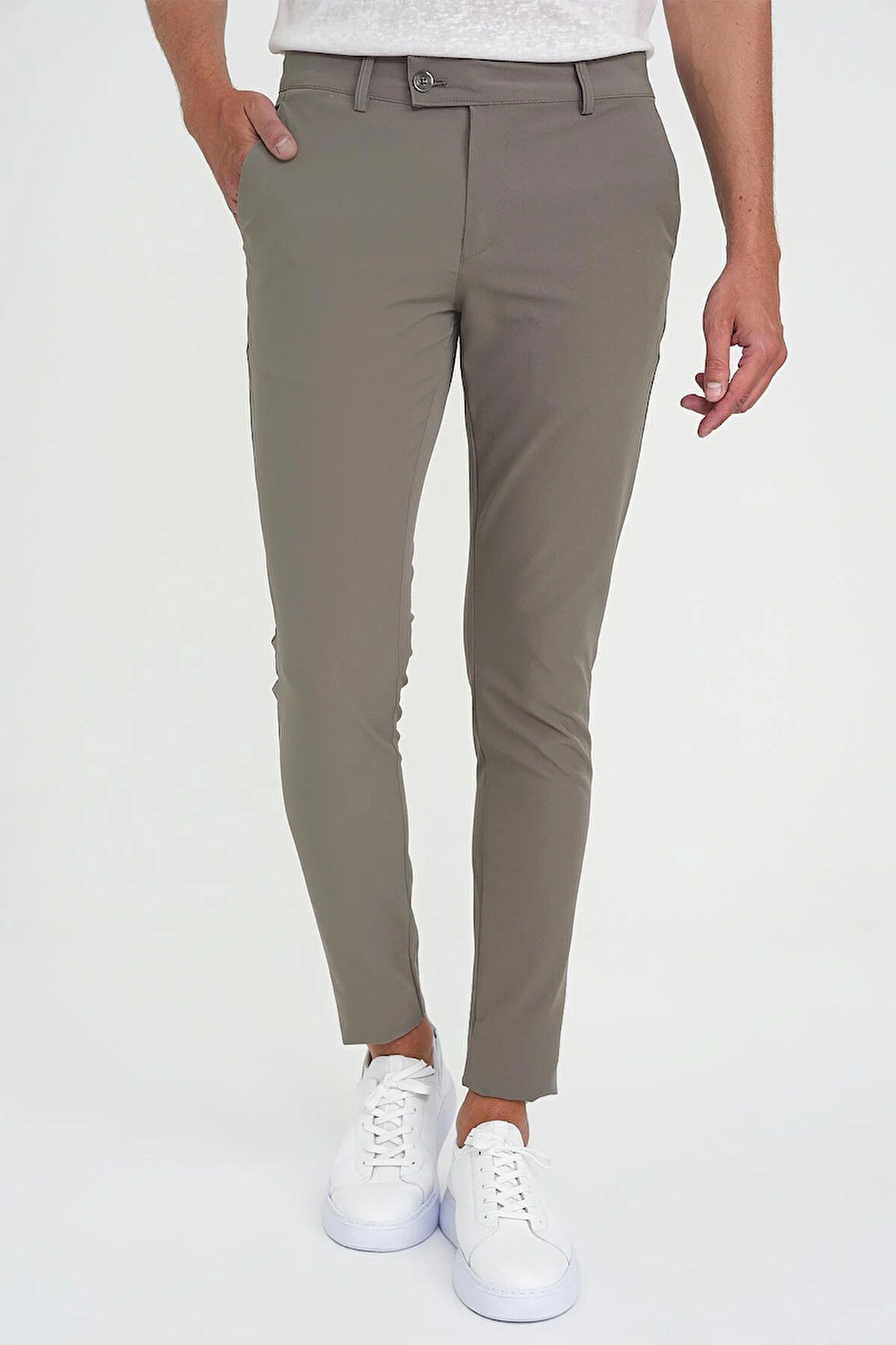 Slim Fit Yan Cepli Düz Esnek Casual Vizon Pantolon P 1144