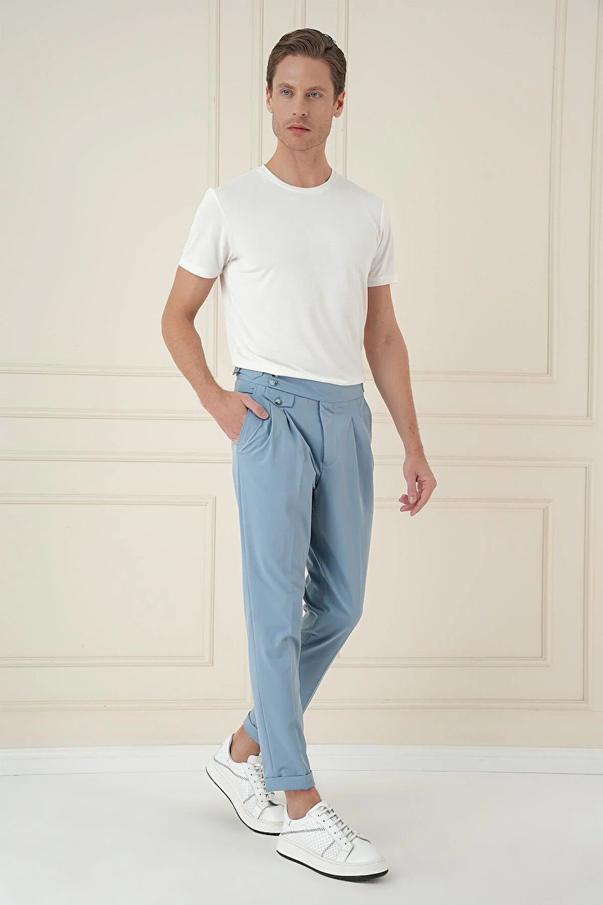 P 1172 Comfort Fit Beli Tokalı Çift Pileli Havacı Mavi Jogger Pantolon