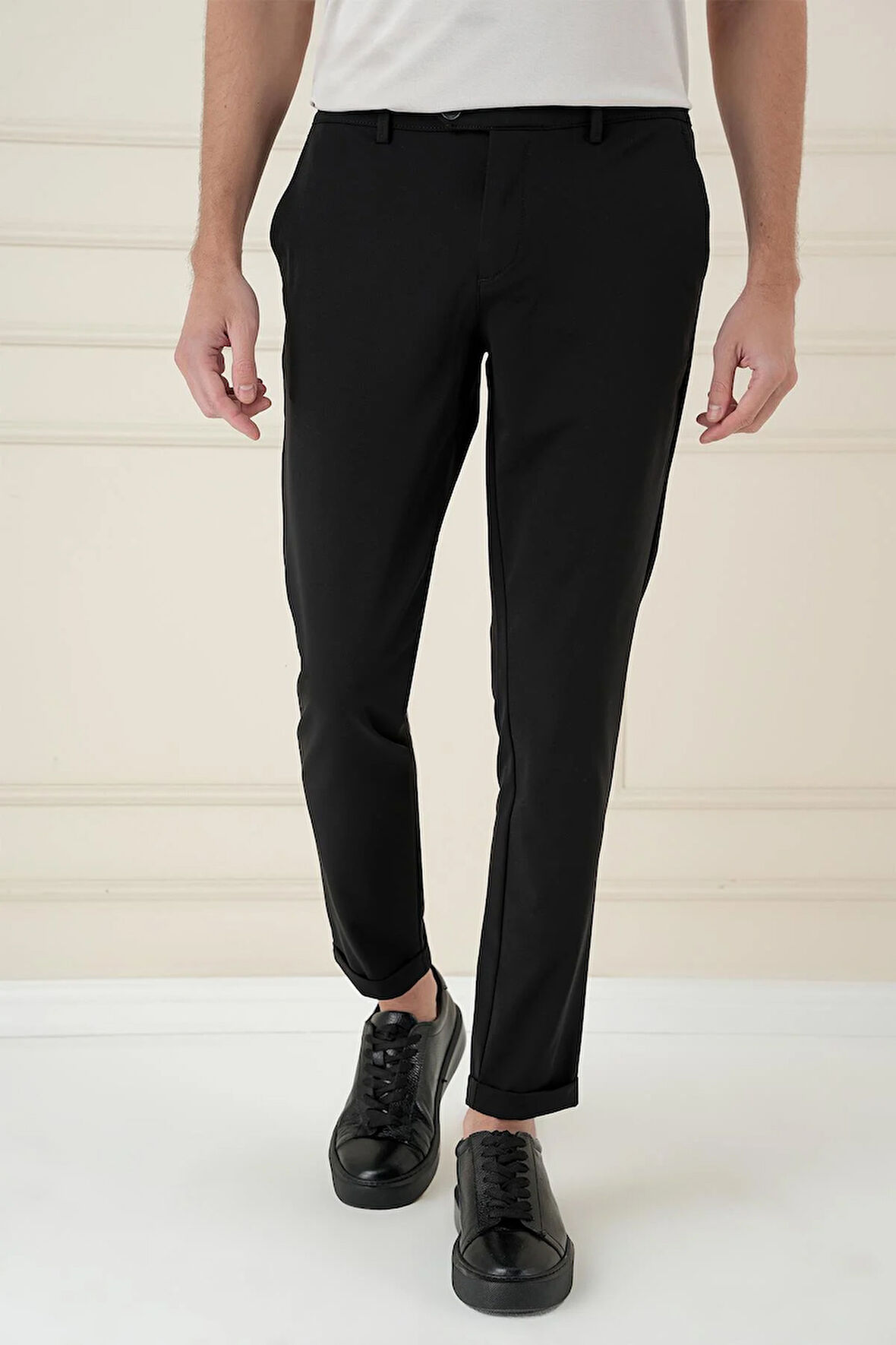 Comfort Fit Beli Lastikli Esnek Casual Siyah Pantolon P 1173