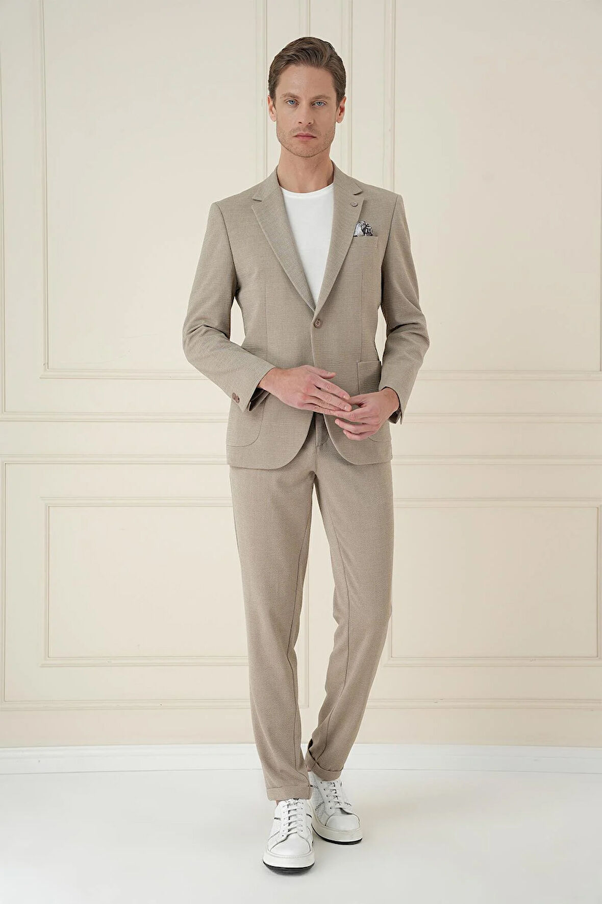 C 698 Slim Fit Mono Yaka Çift Yırtmaç Torba Cep Casual Bej Ceket