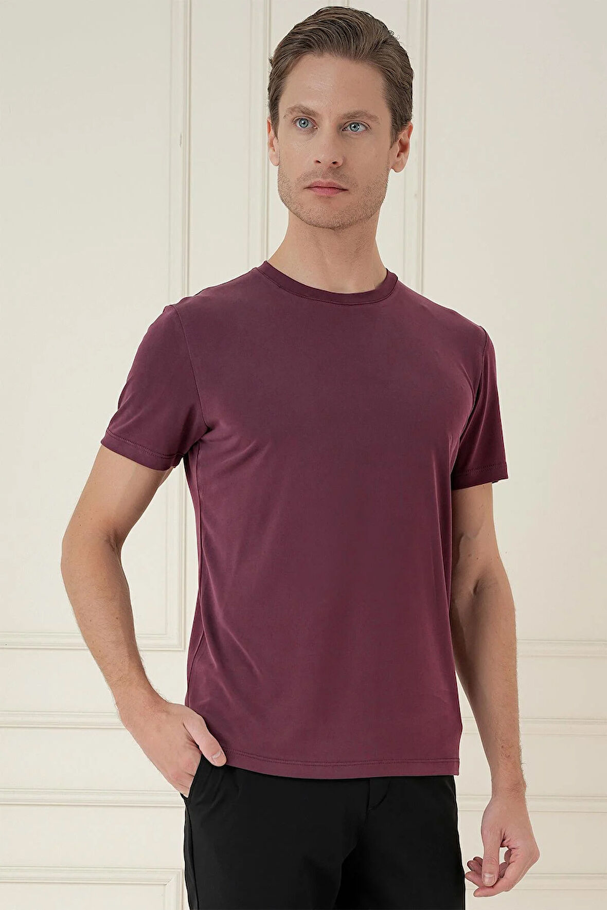 Comfort Fit Bisiklet Yaka Modal Kısa Kol Casual Mürdüm Tişört Ts 895