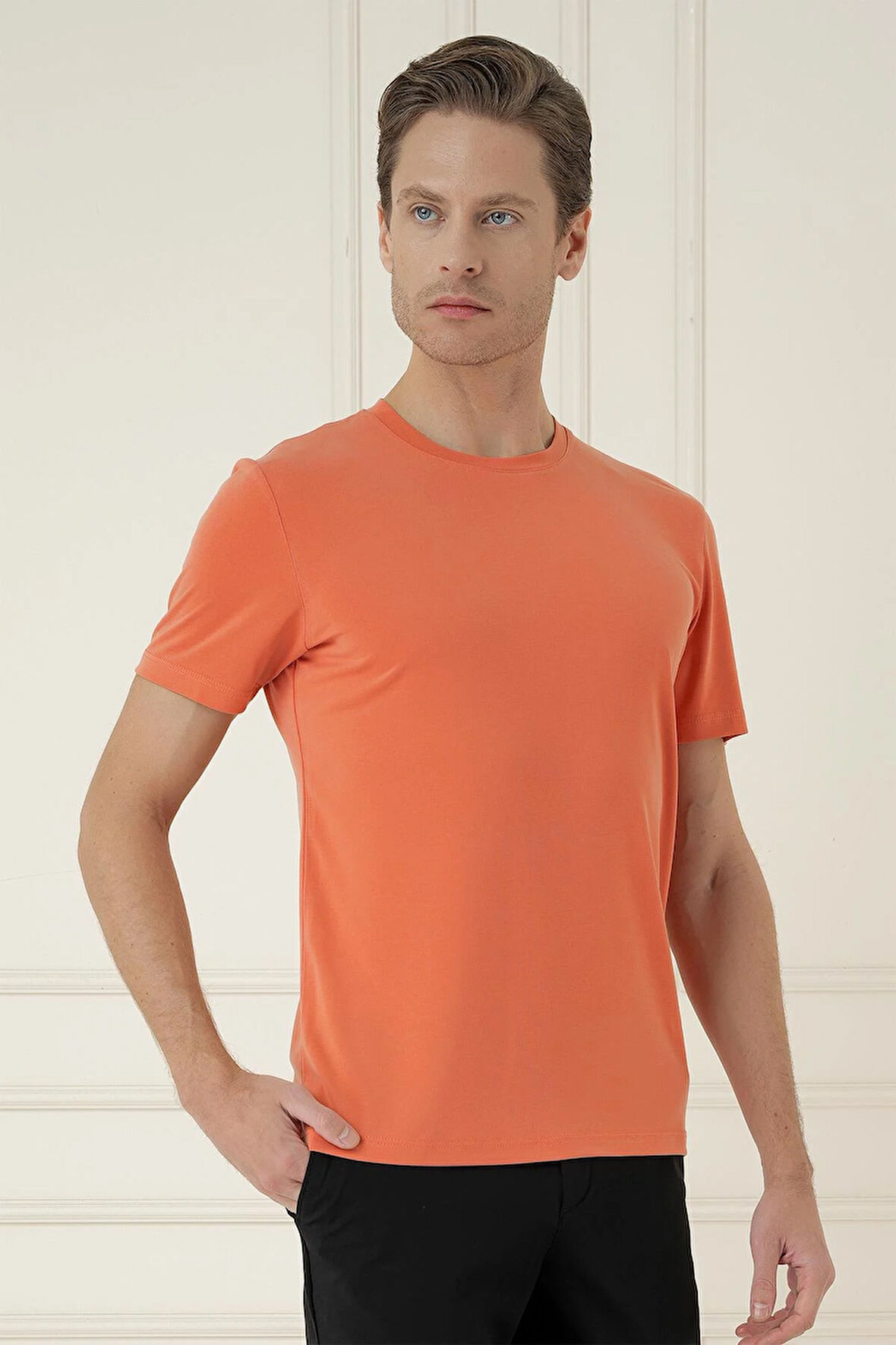 Comfort Fit Bisiklet Yaka Modal Kısa Kol Casual Turuncu Tişört Ts 895