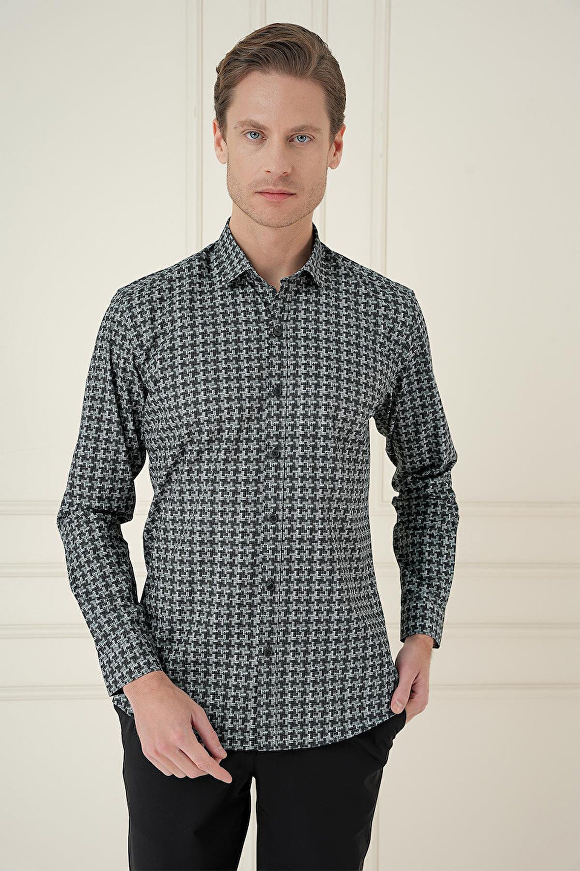 Slim Fit Kazayağı Desenli %100 Pamuk Casual Gri Gömlek G 1585