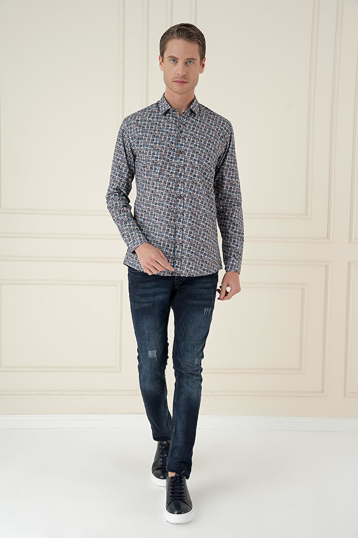 G 1586 Slim Fit Baskılı %100 Pamuk Spor Mavi Gömlek 