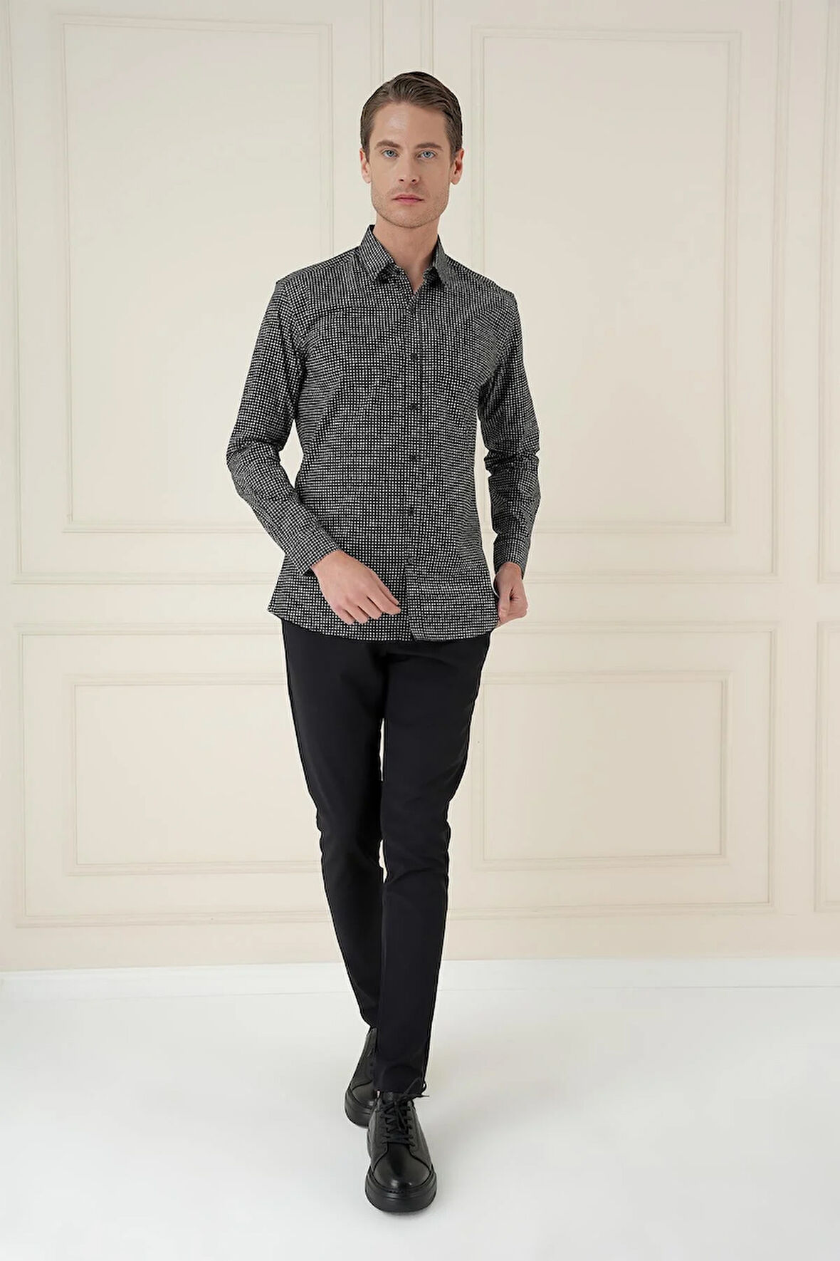 G 1587 Slim Fit Baskılı %100 Pamuk Spor Siyah Gömlek 