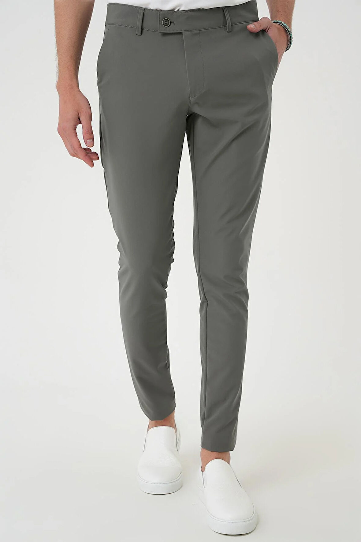 Slim Fit Yan Cepli Düz Esnek Casual Su Yeşili Pantolon P 1144