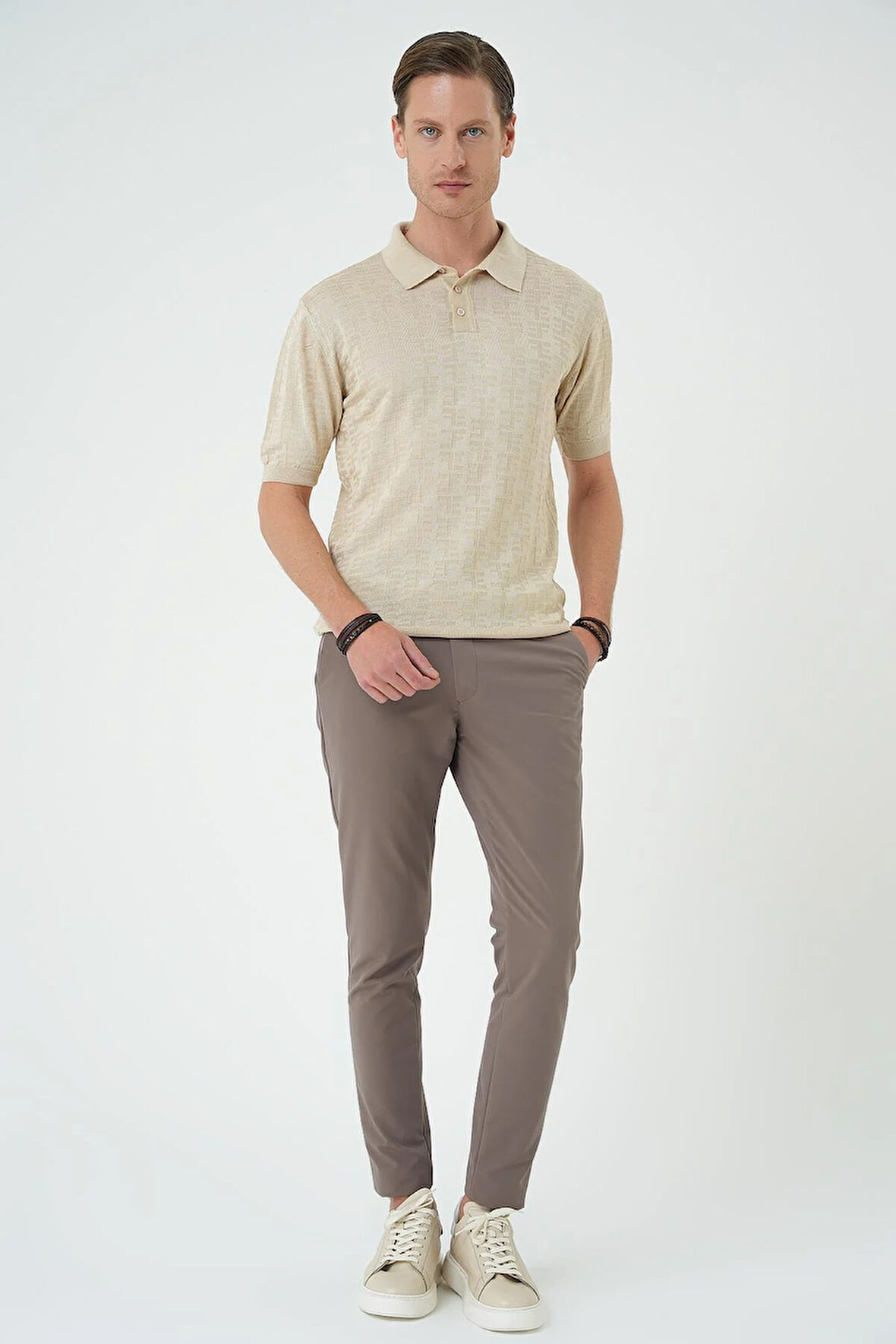 Tr 880 Comfort Fit Polo Yaka Pamuklu Kısa Kol Casuel Bej Triko Tişört