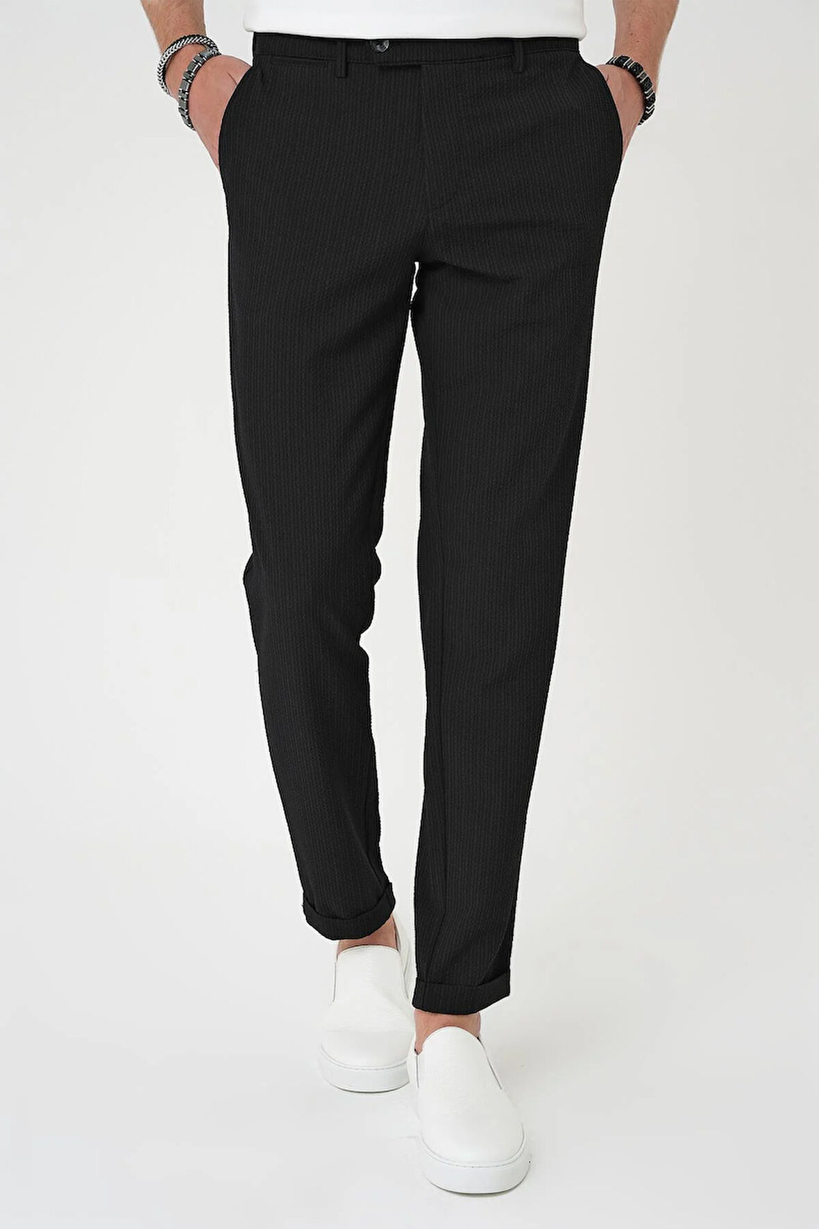 Comfort Fit Gofre Dokulu Beli Lastikli Siyah Jogger Pantolon P 1177