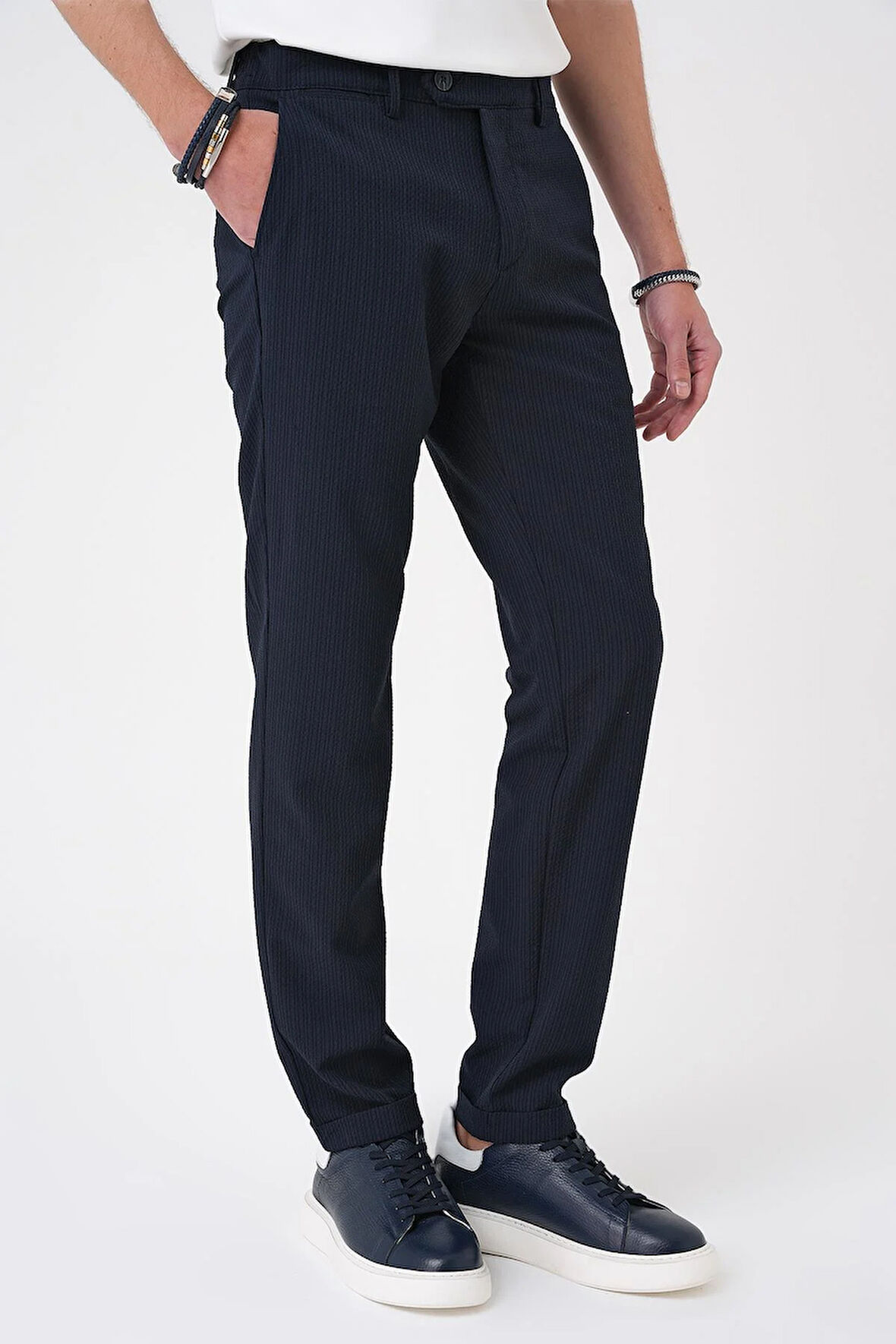 Comfort Fit Gofre Dokulu Beli Lastikli Lacivert Jogger Pantolon P 1177