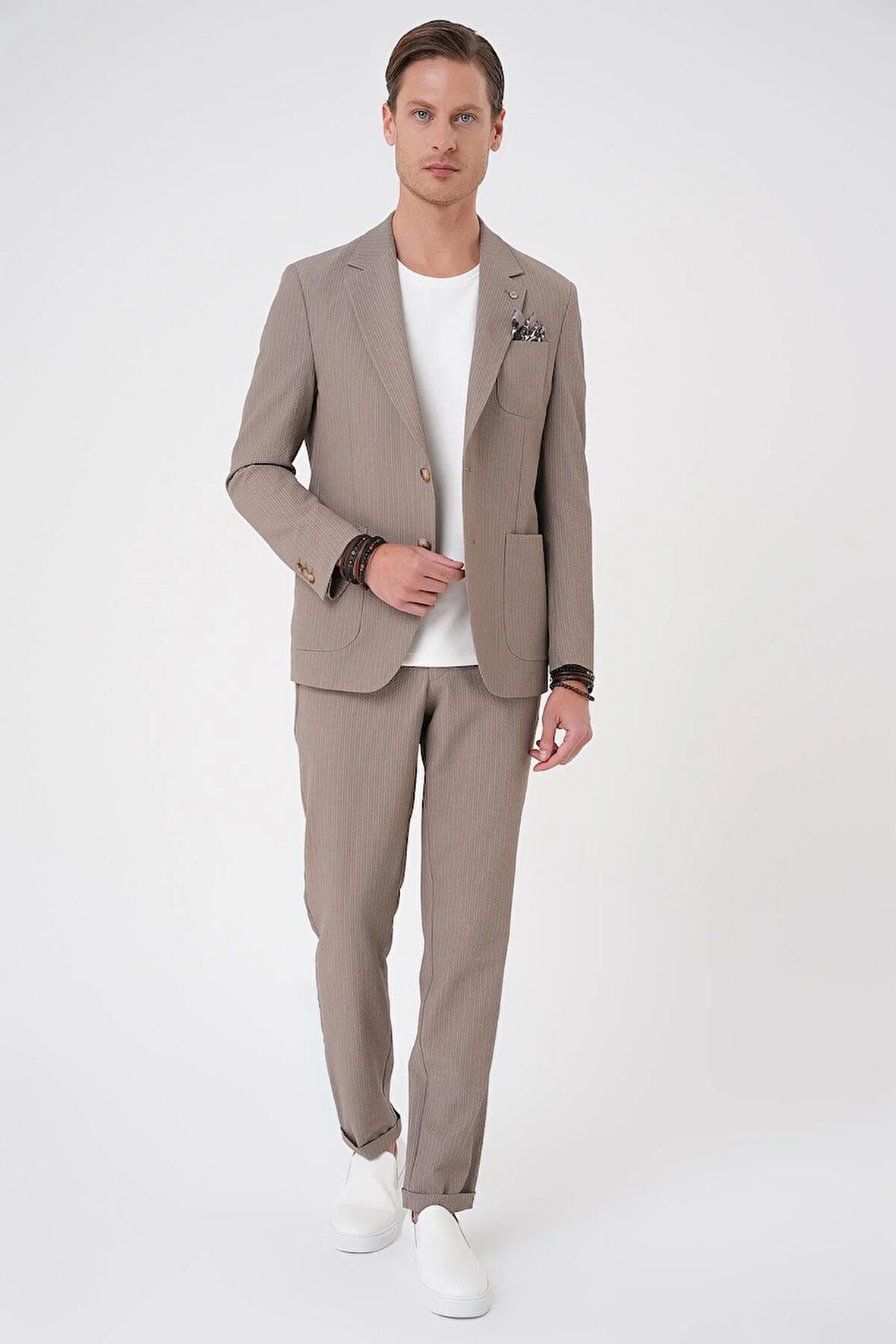 C 703 Comfort Fit Mono Yaka Çift Yırtmaç Torba Cep Gofre Kumaş Casual Vizon Ceket