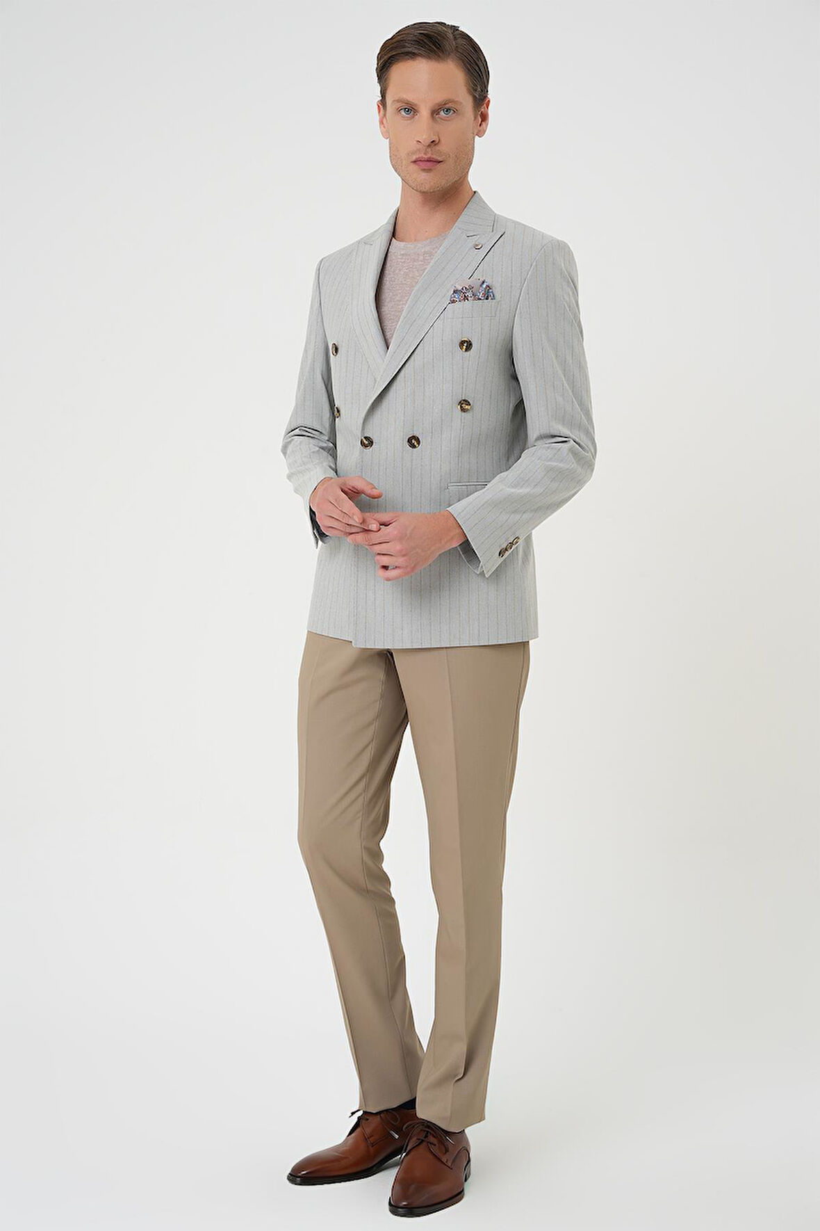 C 704 Slim Fit Çift Yırtmaç Çizgili Kruvaze Casual Gri Ceket