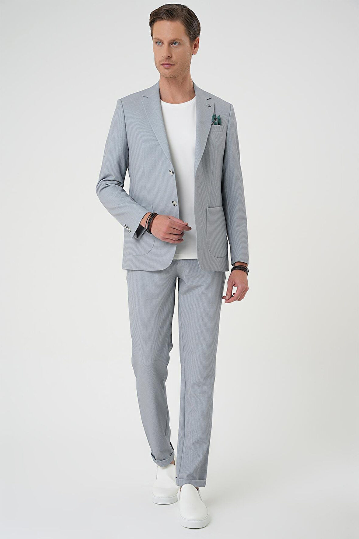 C 705 Comfort Fit Mono Yaka Çift Yırtmaç Torba Cep Kendinden Desenli Casual Gri Ceket