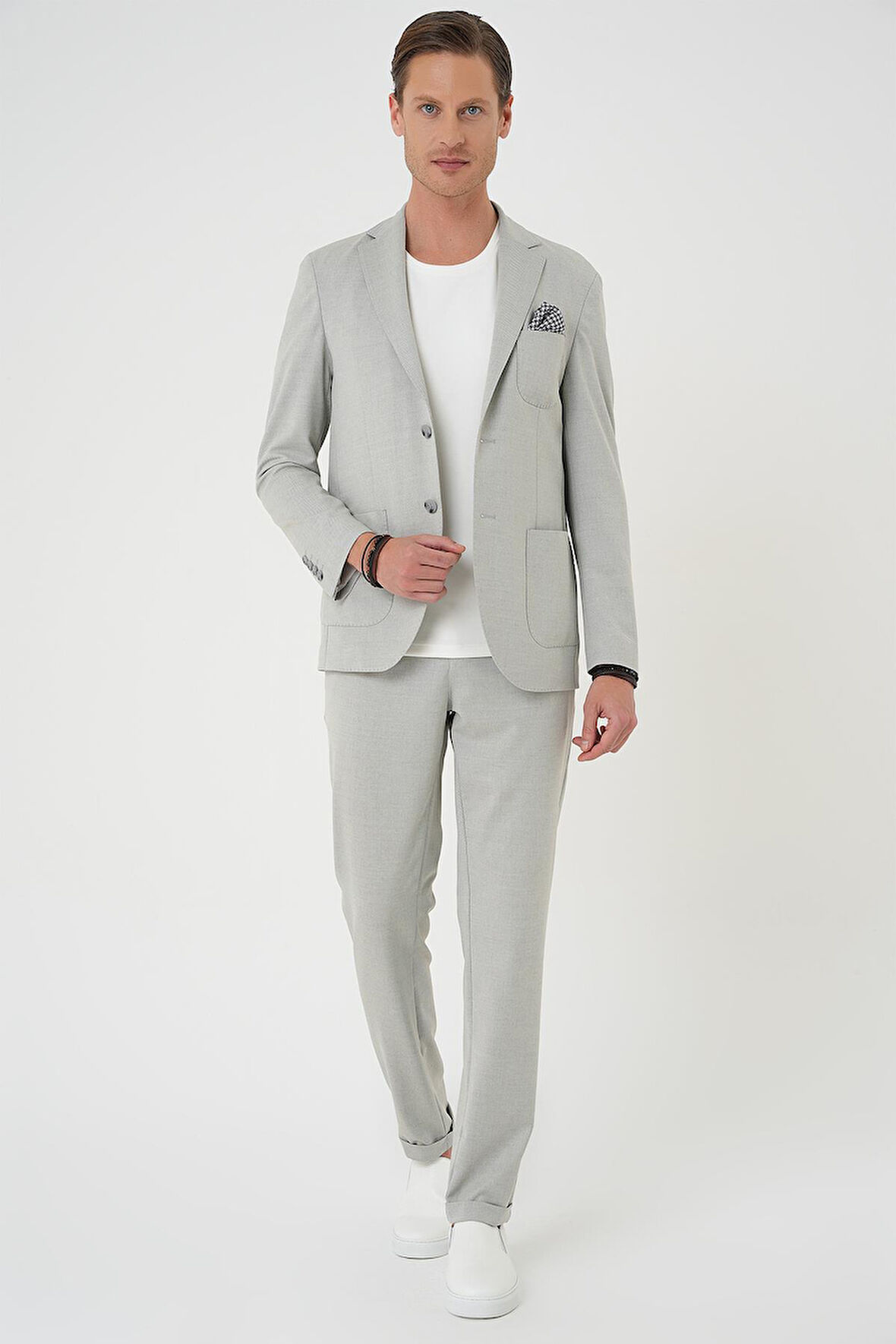 C 706 Comfort Fit Mono Yaka Çift Yırtmaç Torba Cep Kendinden Desenli Casual Gri Ceket