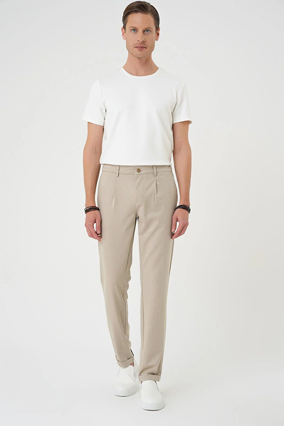 P 1182 Comfort Fit Beli Lastikli Pileli Bej Jogger Pantolon 