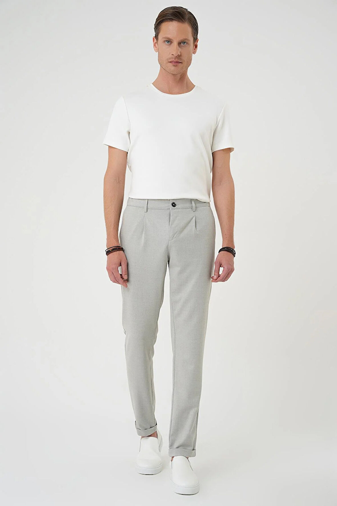 P 1182 Comfort Fit Beli Lastikli Pileli Gri Jogger Pantolon 