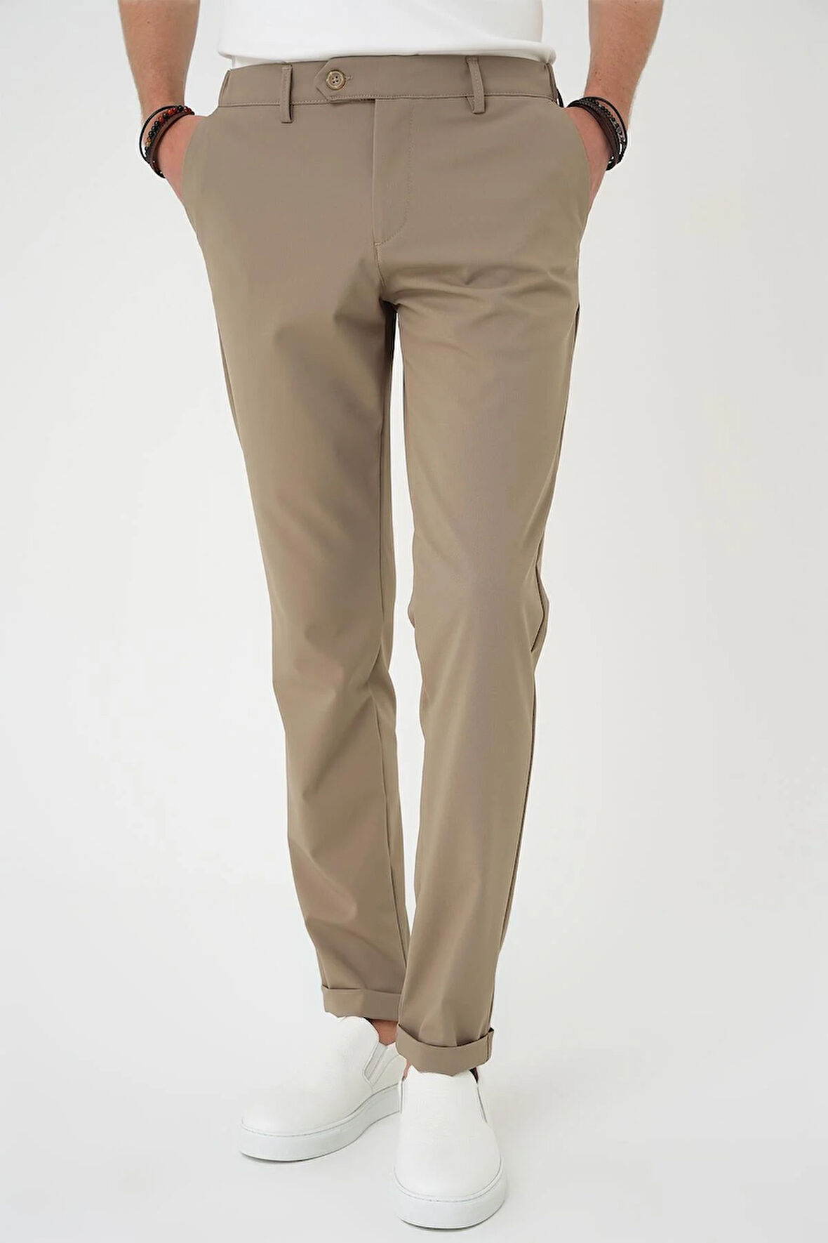 Comfort Fit Beli Lastikli Bej Jogger Pantolon  P 1184