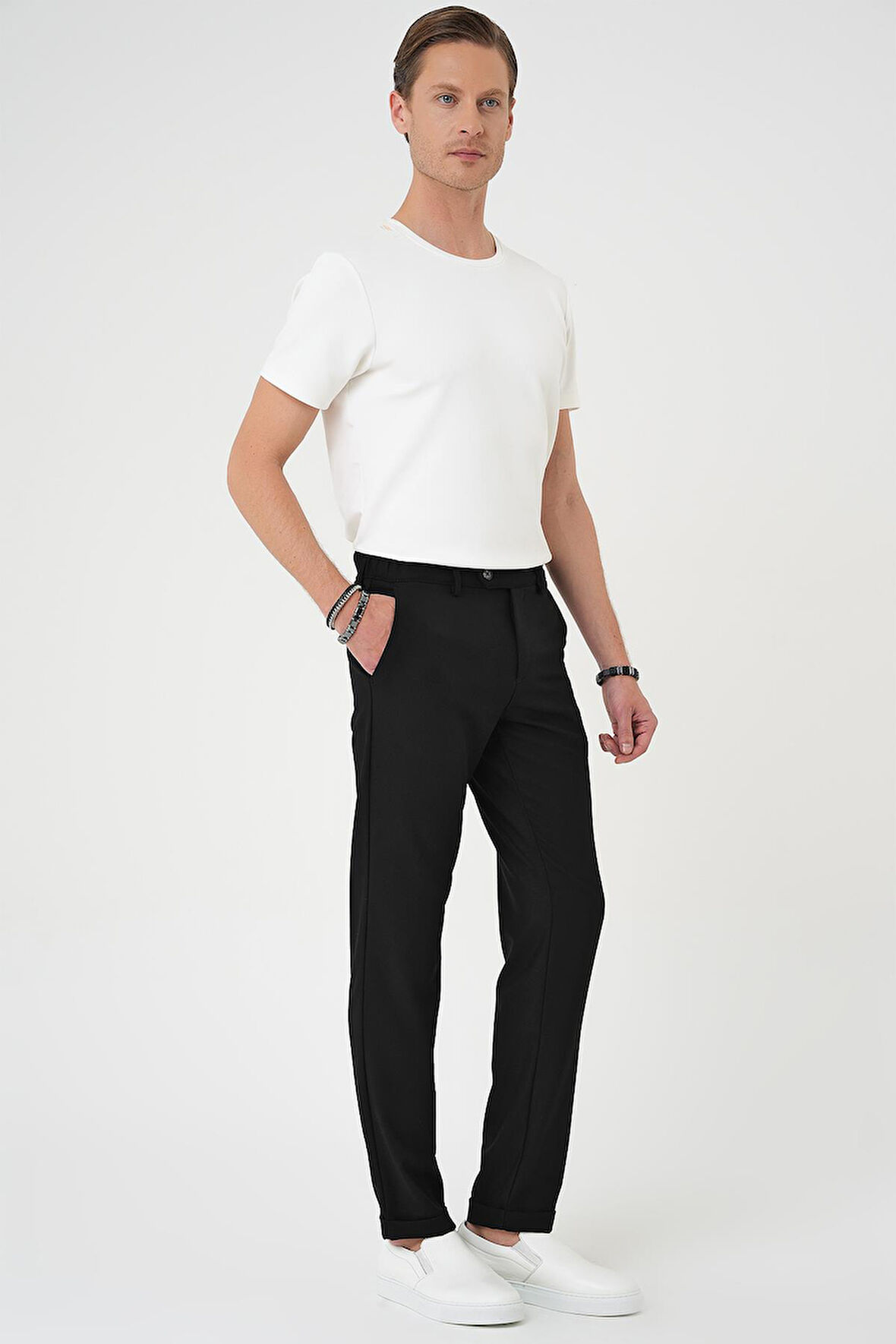 P 1186 Comfort Fit Beli Lastikli Dokulu Siyah Jogger Pantolon 