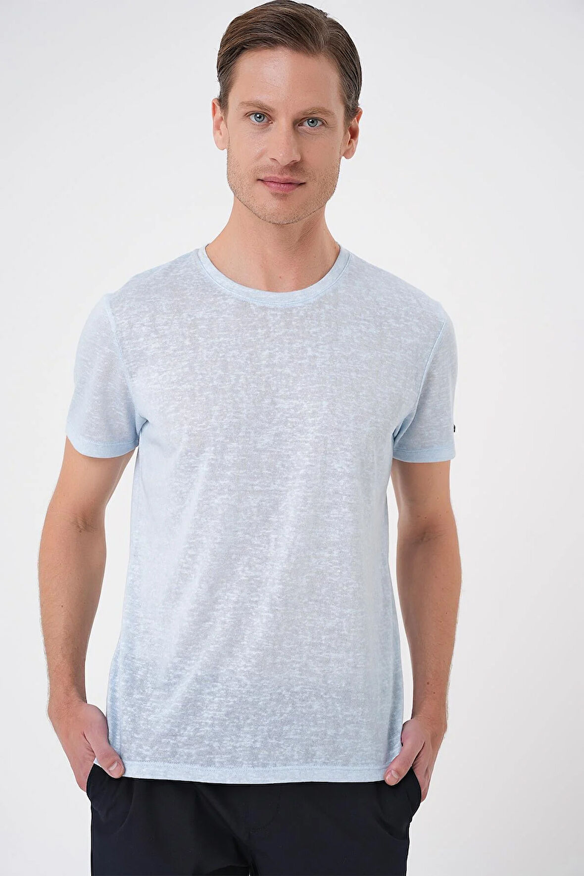 Comfort Fit Bisiklet Yaka Viskon Karışımlı Casual Mavi Tişört Ts 902