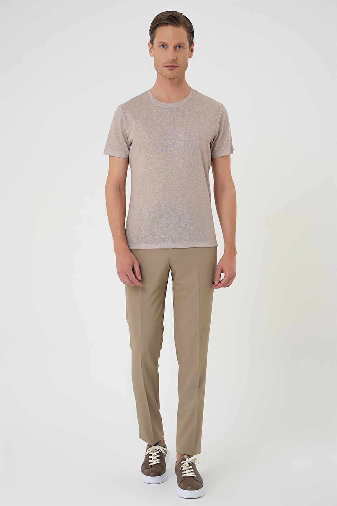 Ts 902 Comfort Fit Bisiklet Yaka Viskon Karışımlı Casual Kum Beji Tişört