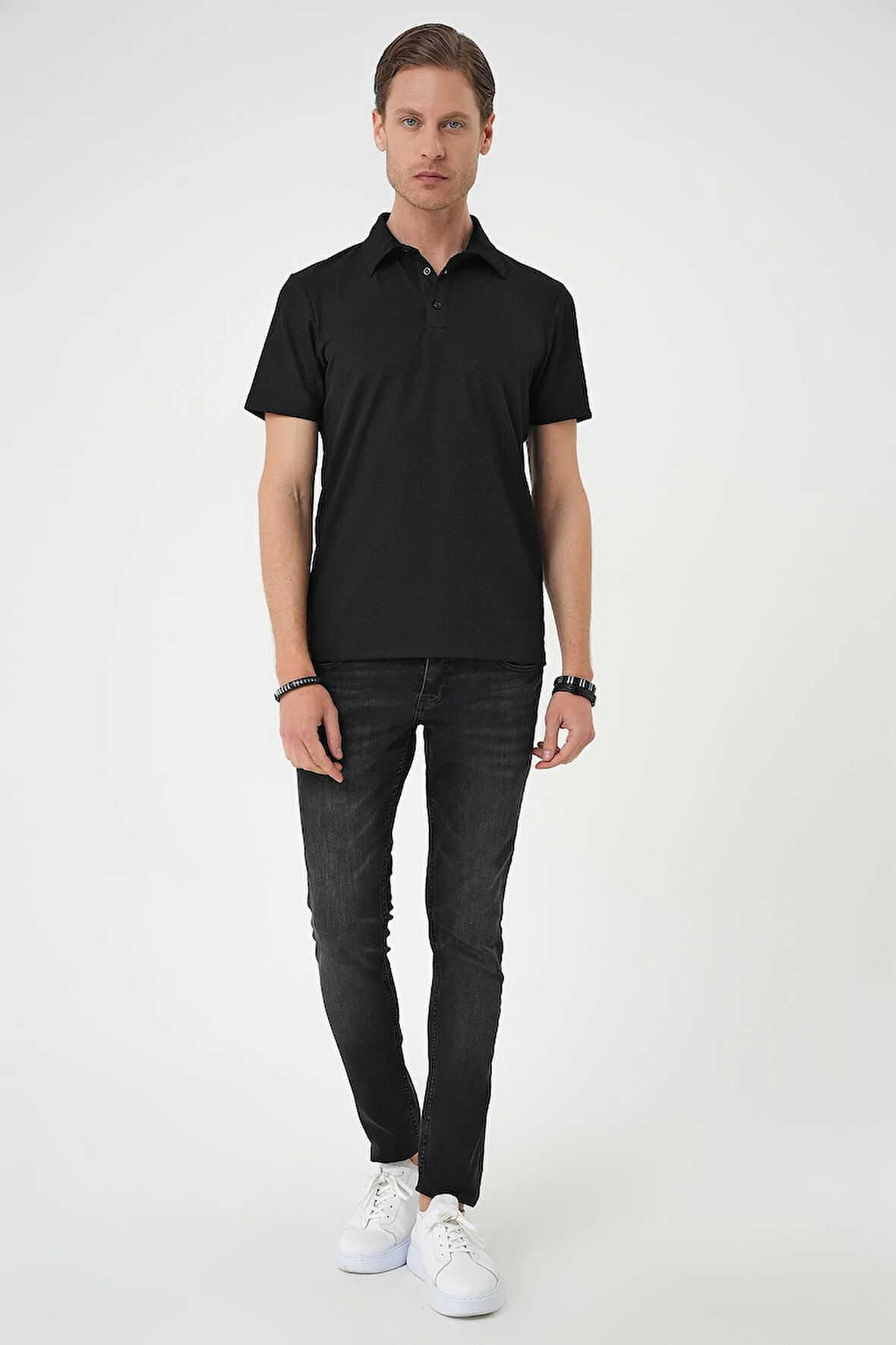Ts 901 Comfort Fit Polo Yaka Viskon Karışımlı Casual Siyah Tişört