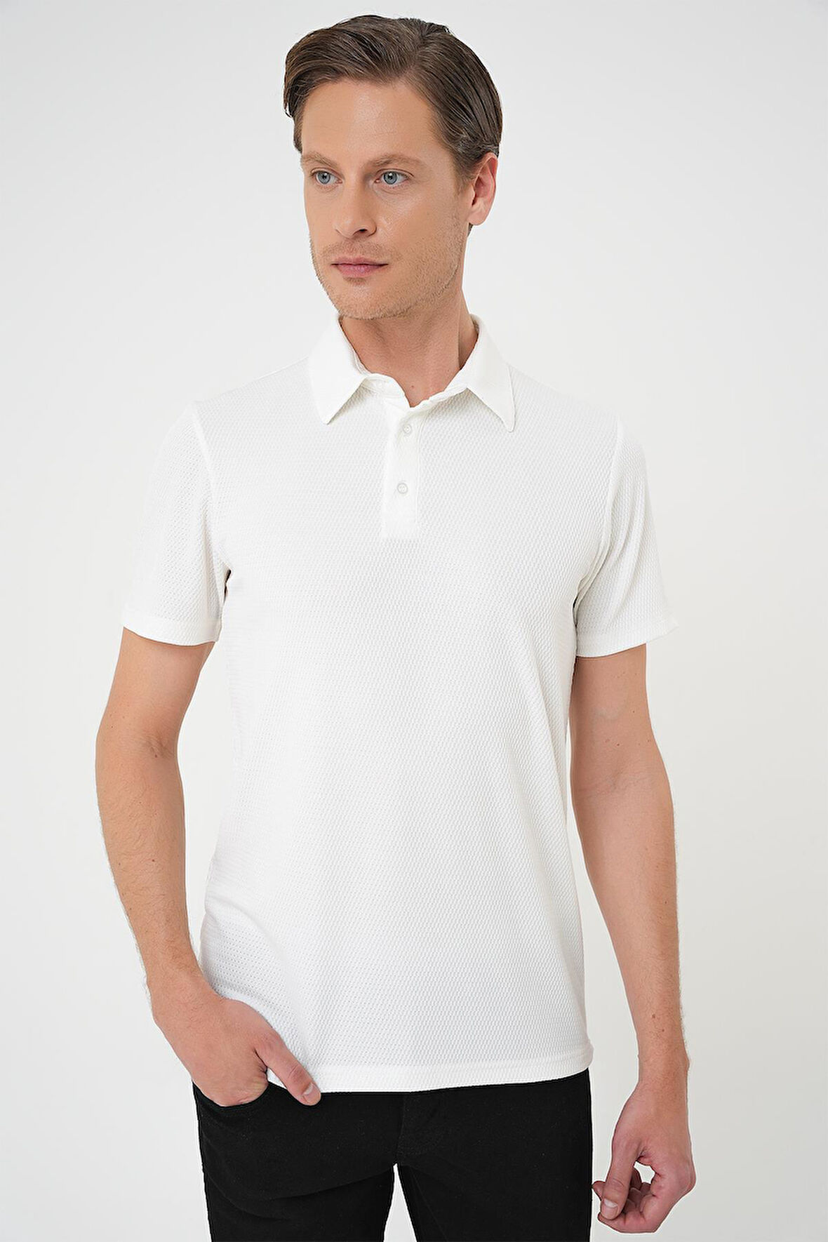 Comfort Fit Polo Yaka Viskon Karışımlı Casual Beyaz Tişört Ts 901